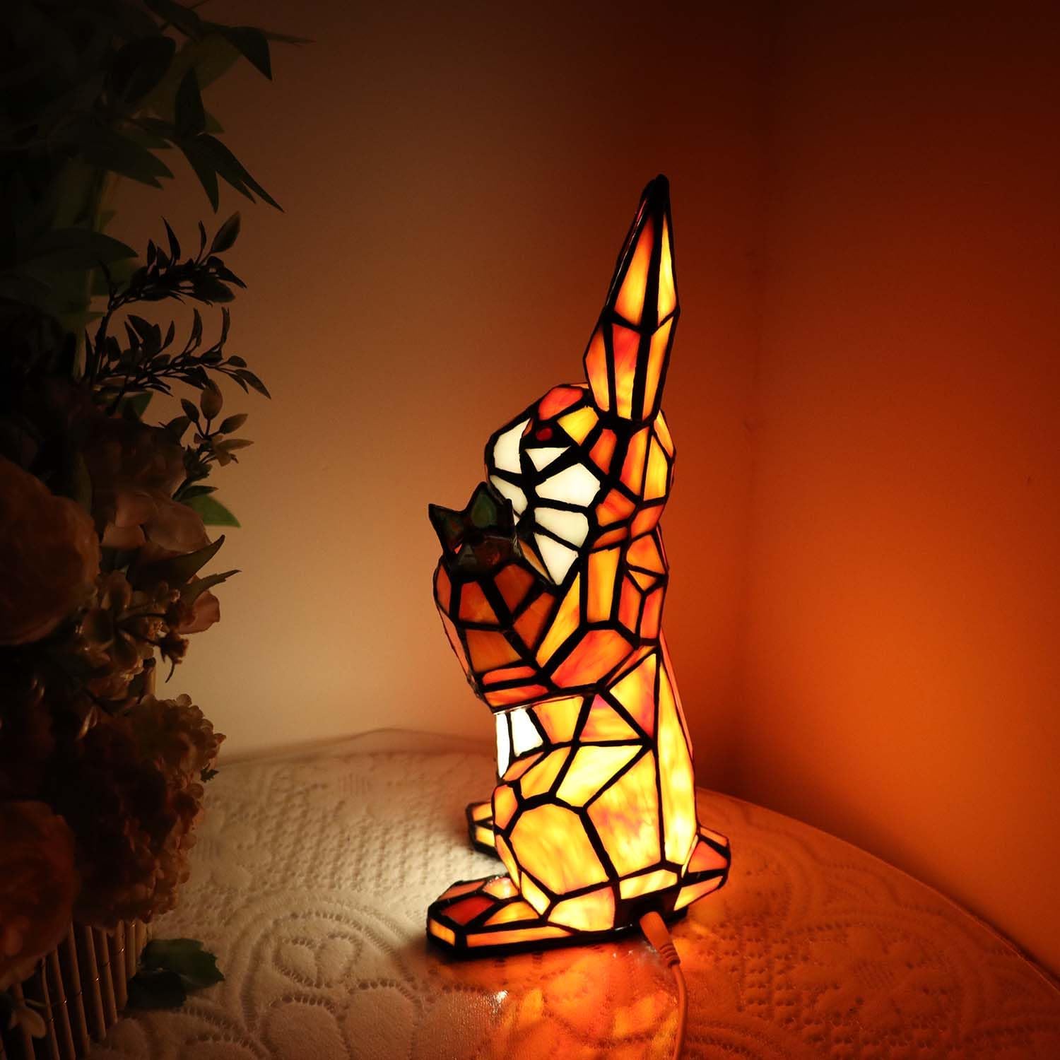 Bieye L10951 Rabbit Holds Carrot Tiffany Style Stained Glass Accent Table Lamp for Home Decor (Orange)