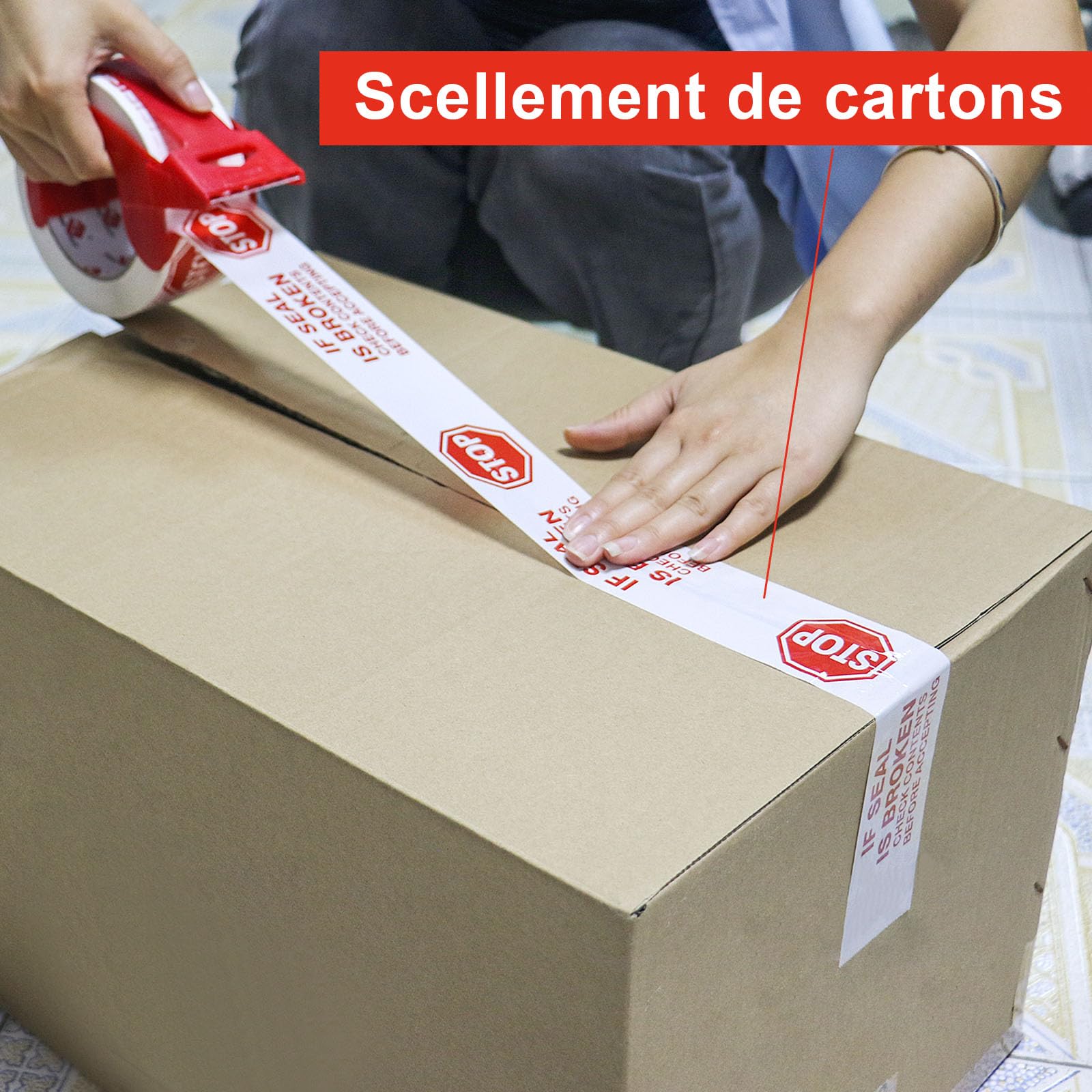 BOMEI PACK Cinta de embalaje de seguridad 100 m x 50 mm – 6 rollos con carrete | Impresión "IF SEAL IS BROKEN CHECK CONTENTS BEFORE ACCEPTING" | Adhesivo fuerte para paquete, almacén, comercio