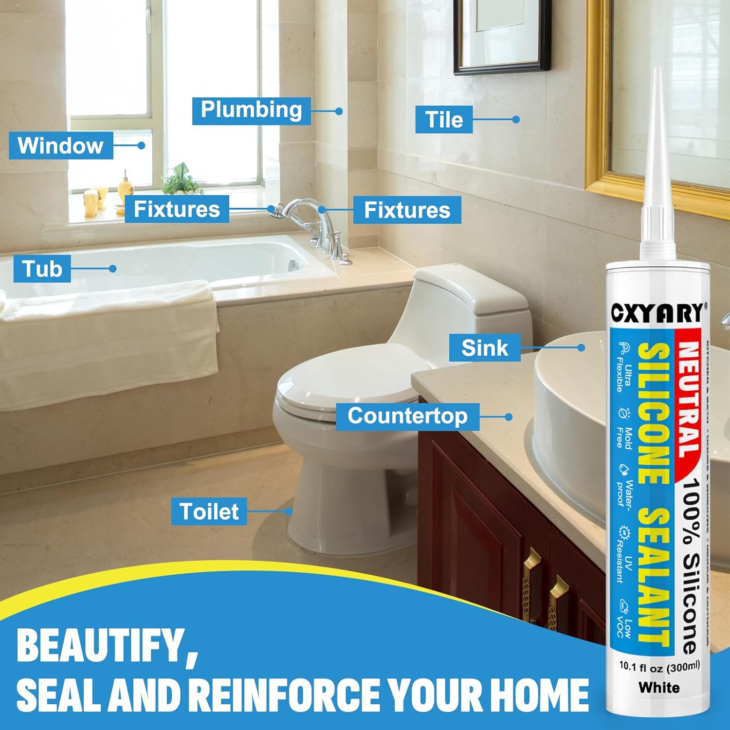 Silicone Caulk & Sealant White, 10 Pack - 100% Waterproof Silicone Sealant, Silicone Caulking for Kitchen and Bathroom, Toilet, Sink, Window ＆ Door Use, Shrink & Crack Proof (10.1 FL.OZ/300ml)