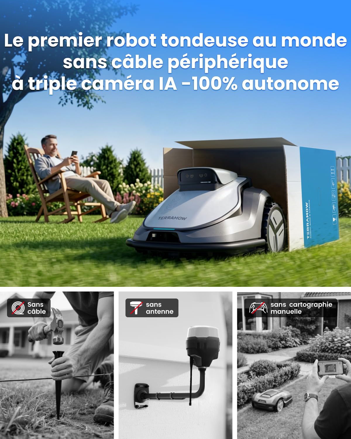 TerraMow V600 Robot Tondeuse avec Garage, Technologie Tri-AI Vision, sans Fil Périphérique ni RTK, Cartographie Automatique, jusqu'à 600㎡, Navigation Visuelle, Évitement d'Obstacles IA