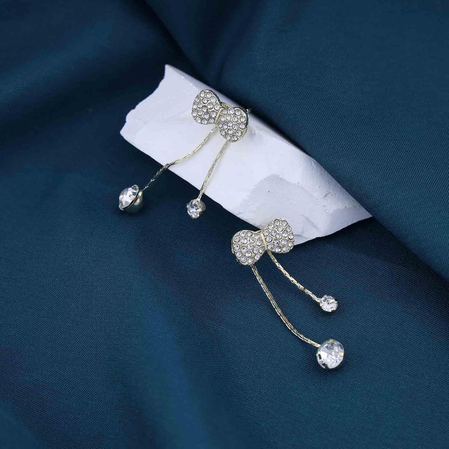 Bohemian Crystal Bow Stud Earrings Gold Cz Tassel Chain Drop Earrings Cz Paved Chain Earrings Rhinestone Ear Jacket Earrings Jewelry for Women Gifts - Image 3