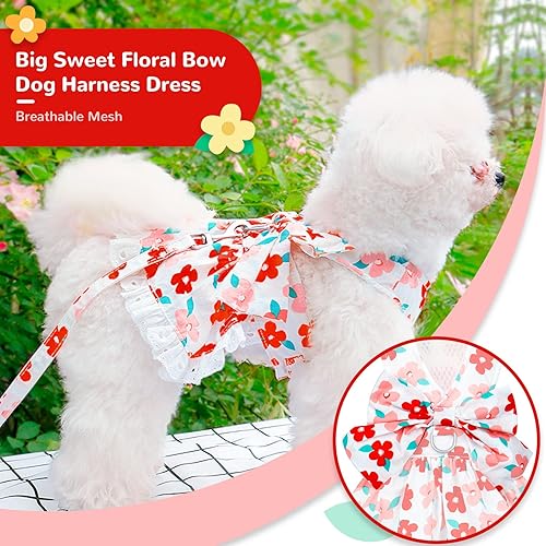 Miniatura 5 de Conjunto de arnés y correa para perros pequeños, ropa de verano para niñas, cachorros, gatos, lindo lazo floral, vestido de princesa de cumpleaños