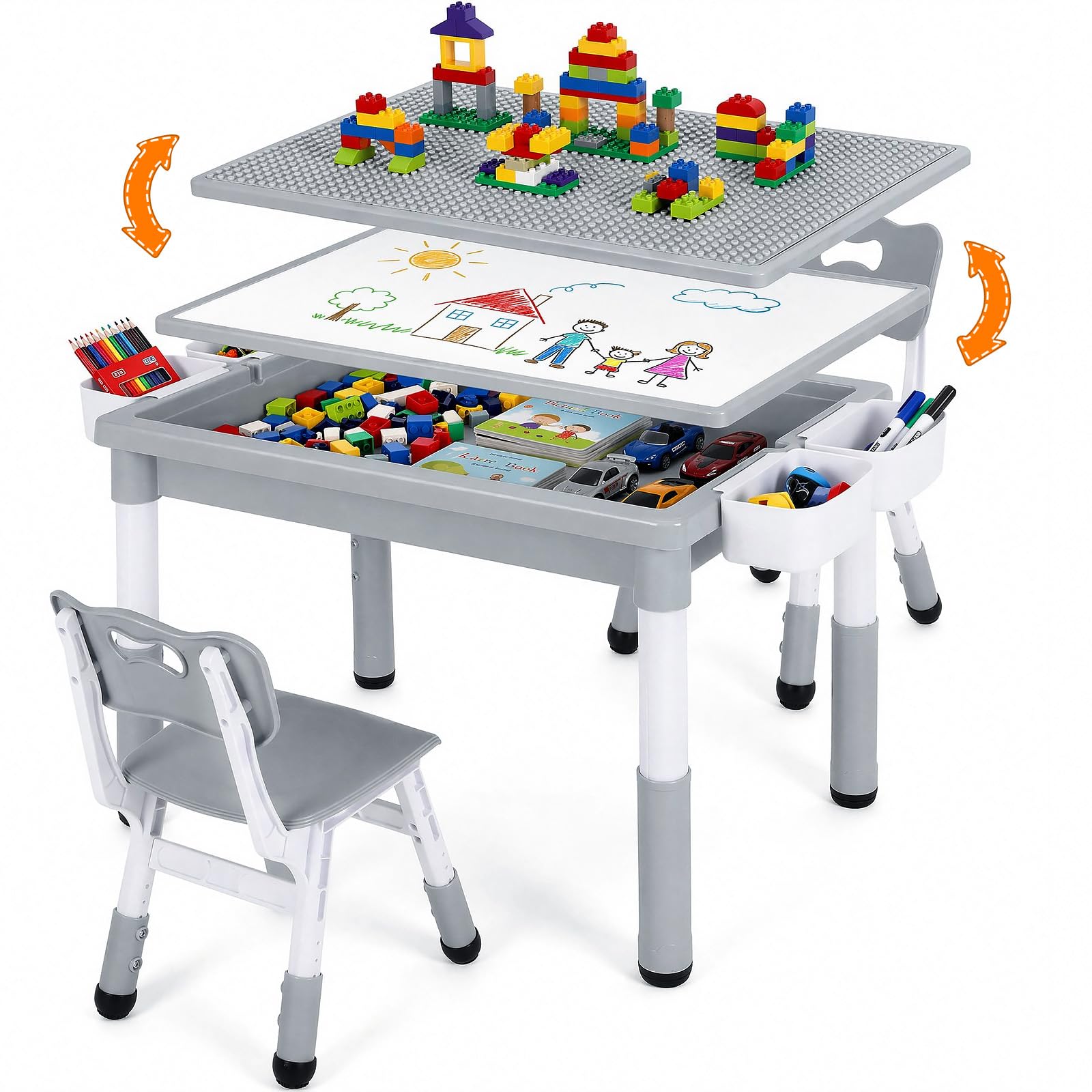 MAMIZO Kindertisch mit 2 Stühlen, kindertisch stauraum & Wendeplatte,Grau | Tisch Stuhl höhenverstellbar & 88 x 63cm Graffiti-Tischplatte & Baustein Tisch Stuhl Set ,Aktivitätstisch Kinderzimmer Schule