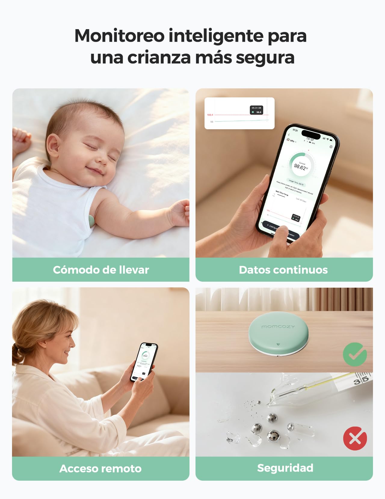 Momcozy Termometro Digital Bebe con Precisión de Grado Médico, Termometro Inteligente Bebe con Lectura Instantánea, Monitoreo en Tiempo Real vía App para Bebés y Niños, Parche Hipoalergénico 3M