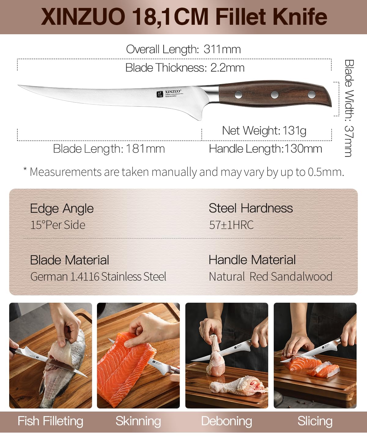 XINZUO 18,1cm Couteau à Filet Acier Inoxydable 1.4116 Allemand, Tranchant Couteau à Désosser à Fileter pour Désosser le Poisson et la Viande, Chef Professionnel -Poignée en Red Sandalwood