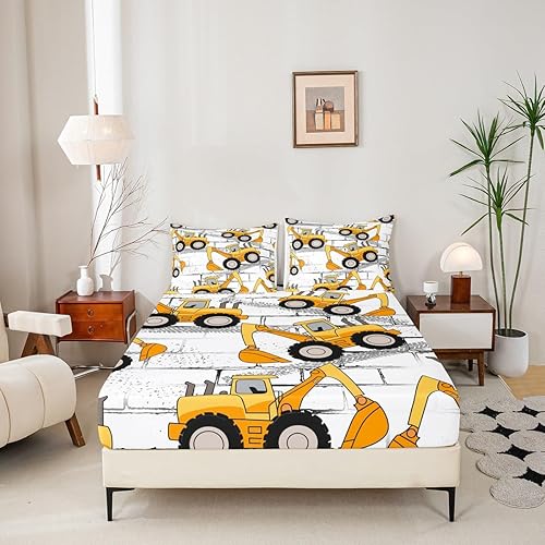 Miniatura 2 de Sábanas de cama de vehículos de construcción, tamaño individual, juegos de ropa de cama de excavadora para niños, sábana bajera ajustable de camión