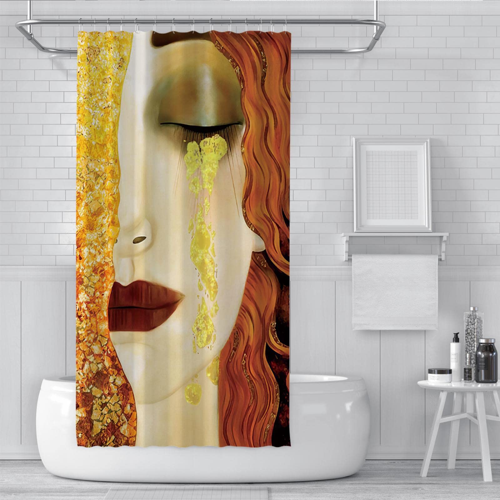 Famoso dipinto Tende doccia artista ragazza ritratto romantico tende da bagno elegante dorato impermeabile tessuto doccia tende asciugatura rapida 200x200cm