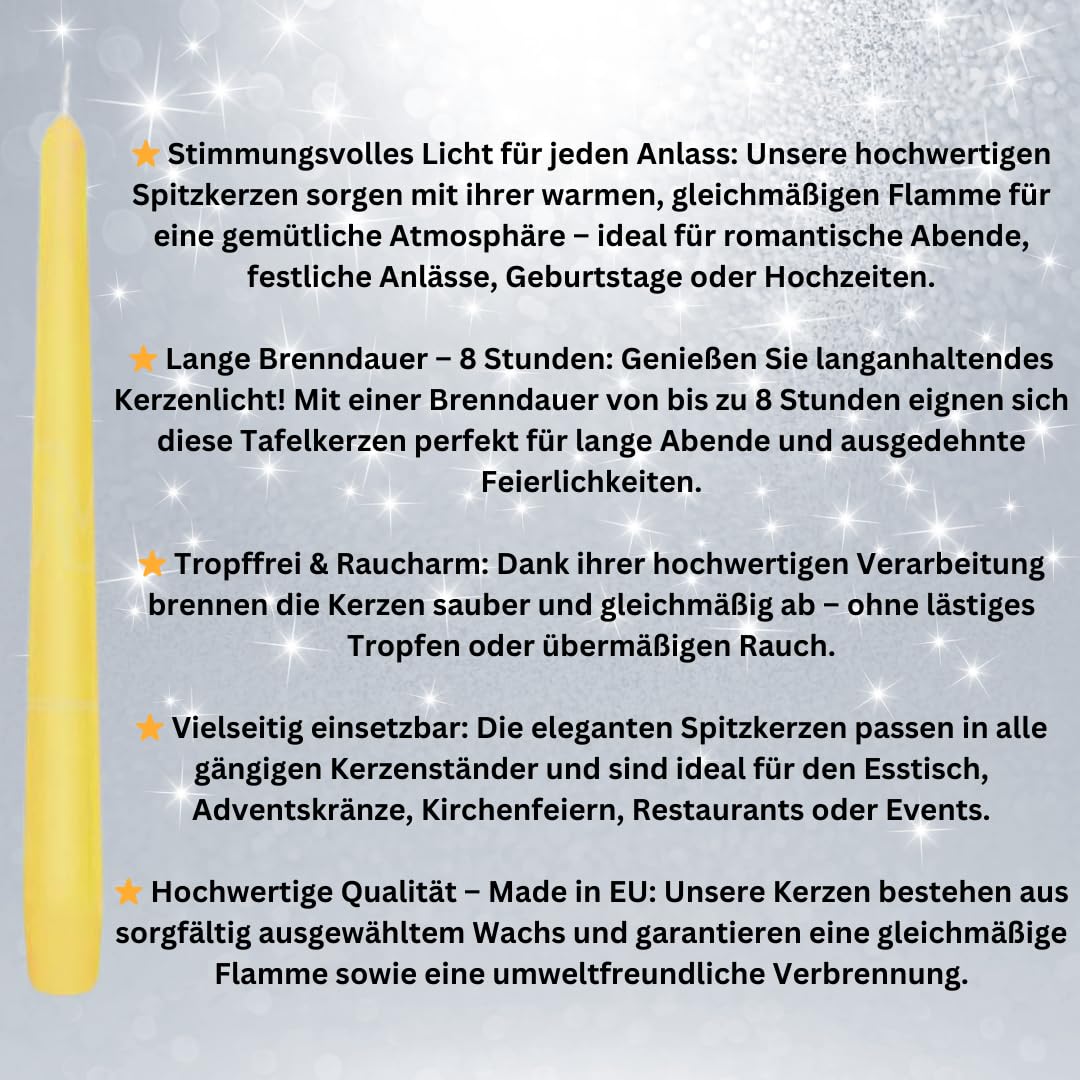 HORECA - Lot de 10 bougies coniques - Jaunes - Bougies décoratives pour la maison - Durée de combustion : 8 heures - Bougies festives pour fête, mariage et autres occasions