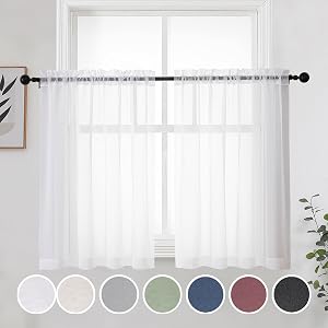 OWENIE Short Sheer Curtains 30 Inches 2 Panels Set, Kitchen Curtains Tiers Light Filtering Rod Pocket Cafe Curtain for Bathroom Small Half Window, 42 in W x 30 in L, White