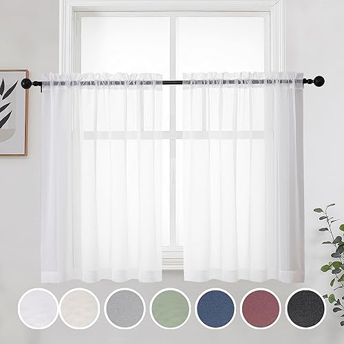 OWENIE Juego de 2 paneles de cortinas traslúcidas blancas cortas de 36 pulgadas, cenefas para cocina, cortinas con bolsillo para barra, cortinas de