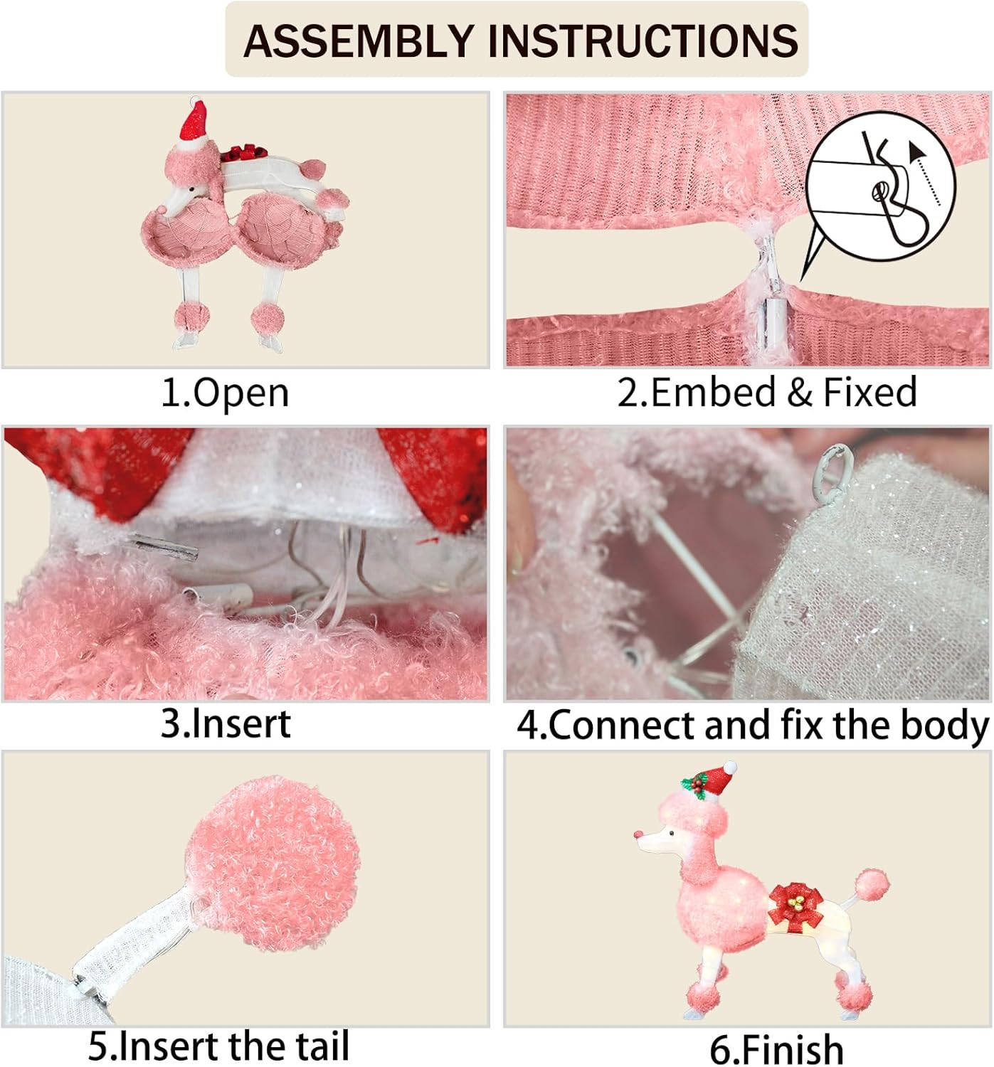 35" Christmas Poodle Dog Decoration with Lights,3D Pink Dog Lighted-up Outdoor Indoor Christmas Decoration,Cute Hairy Puppy with Red Christmas Hat Indoor Porch Outdoor Yard Holiday Decor - Image 5