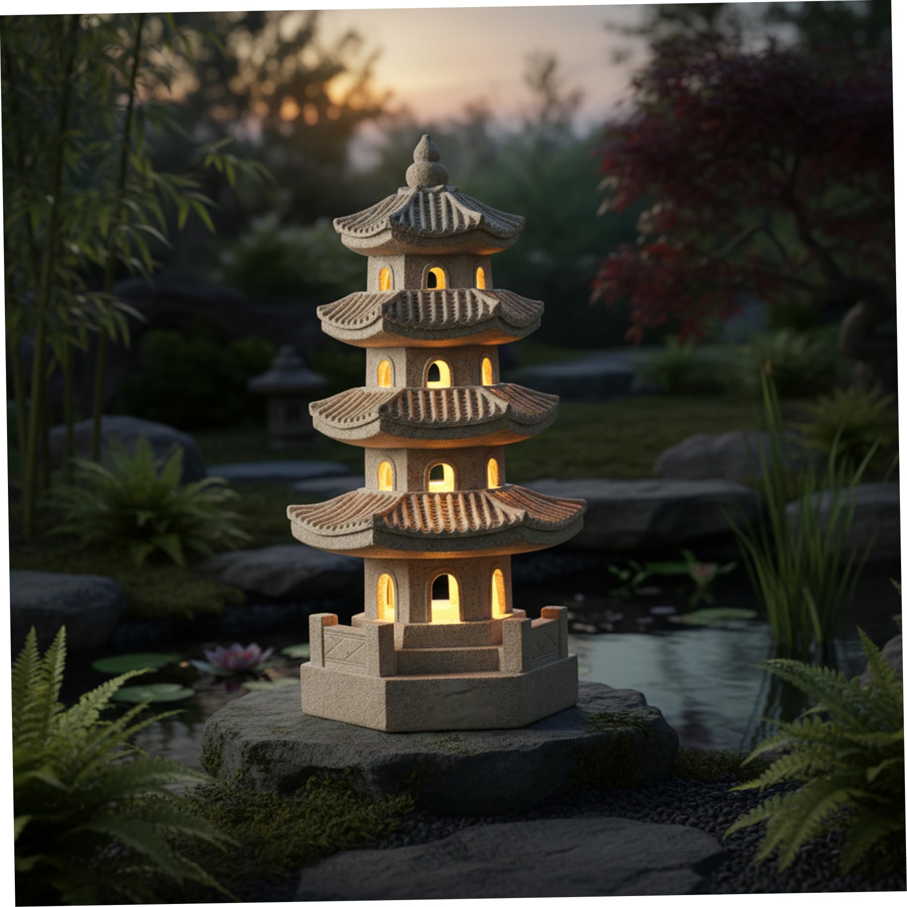 Faticenic Pagoda Garden Statue Solar Powered Pagoda Lantern Resin Outdoor Zen Japanese Garden Decor for Balcony, Patio, Porch, Yard 11.4x4.7x4.7 inch Khaki, Statues, Japanese Decor
