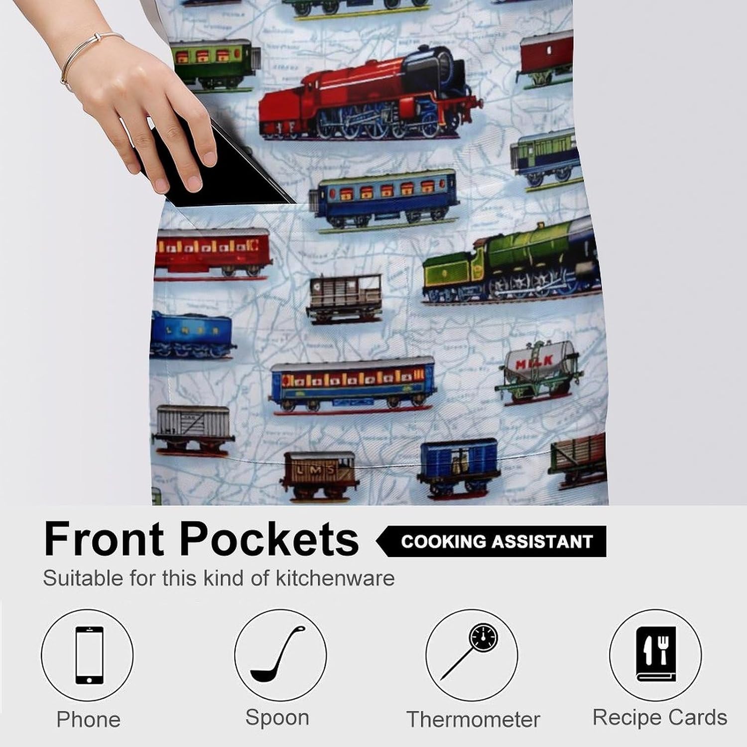 Train Cars Aprons Waterproof Cooking Kitchen Apron Unisex Adjustable Bib Apron with Pocket Restaurant Chef Works Aprons for Waitress Waiter