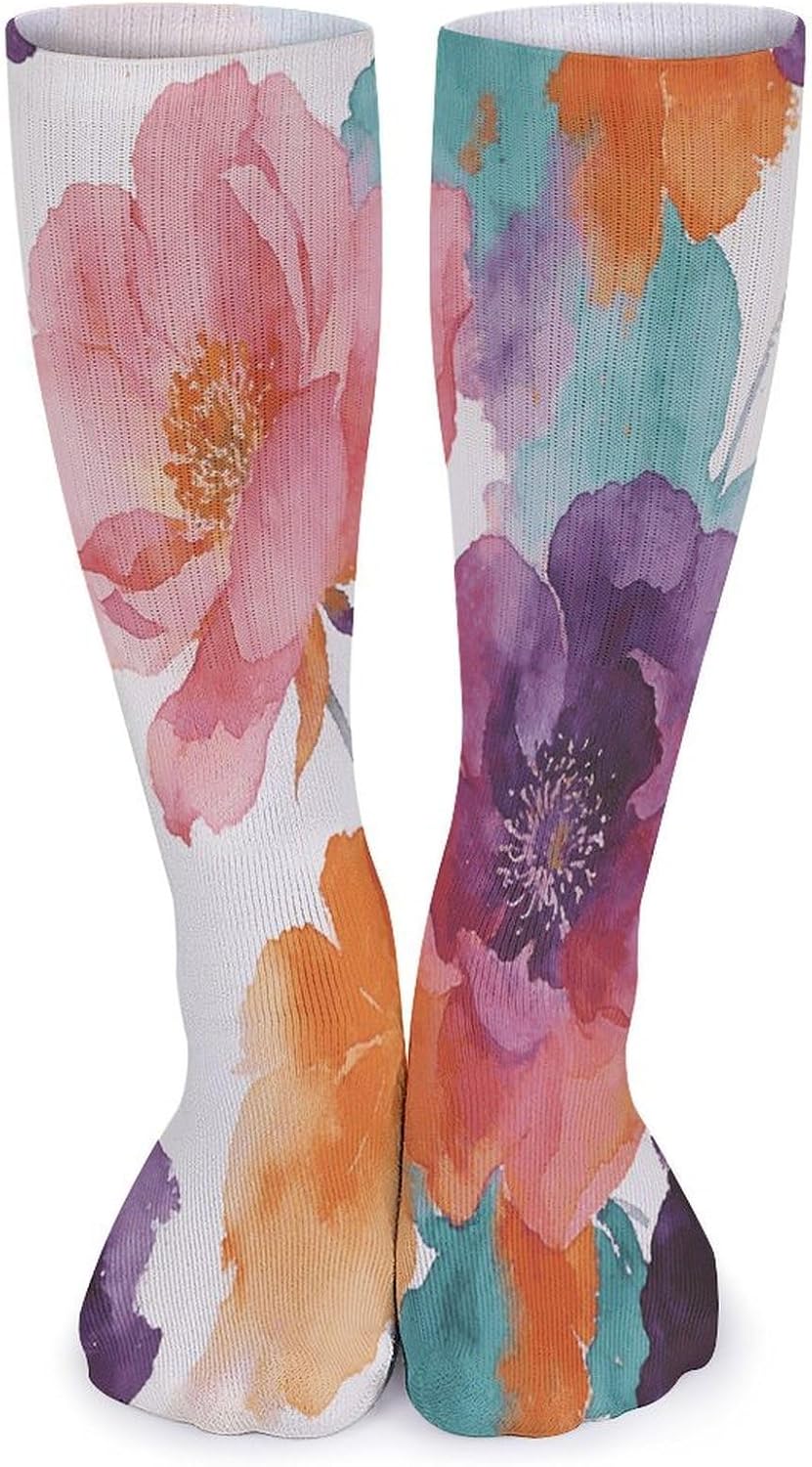 Clusters of Watercolor Flowers Crew Socks Cozy Casual Calf Socks Lightweight Long Work Sock Breathable Athletic Sock for Hiking Sports Running 5 Pairs