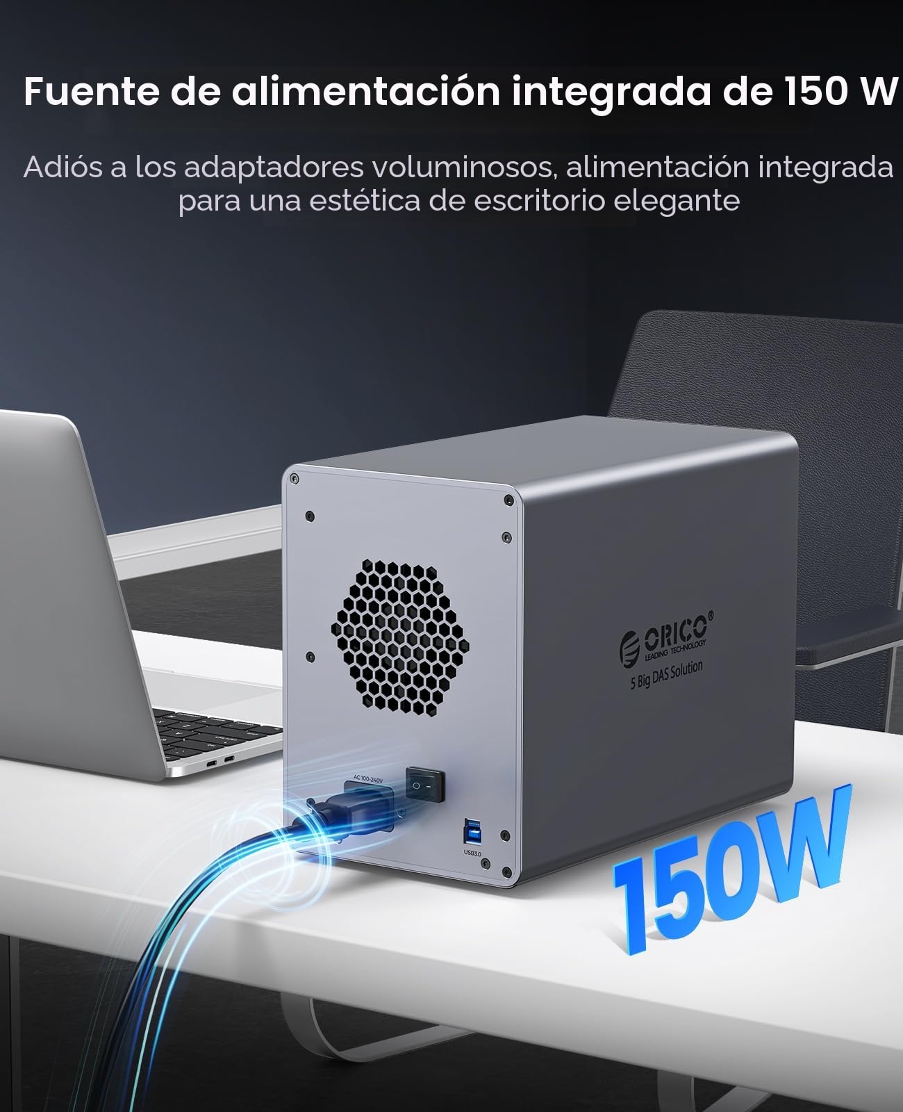 ORICO Caja de Aluminio para 5 Discos Duros de 3,5 Pulgadas hasta 5X 22TB, Fuente de Alimentación de 150W Integrada, con Ventilador, Compatible con MacOS y Windows (9858U3)
