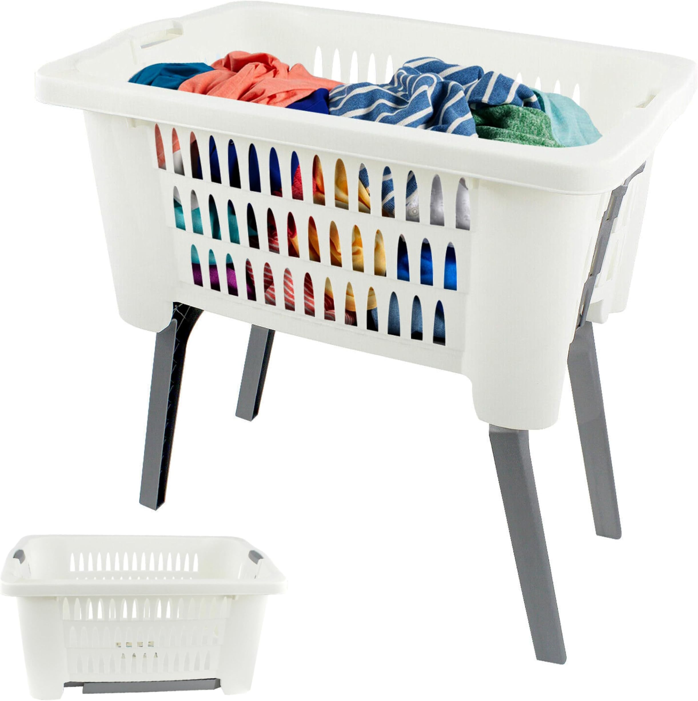 GEEZY Folding Laundry Basket with Foldable Legs - Lightweight Ventilated Laundry Bin, Large Capacity Plastic Washing Basket, Space-Saving Clothes Basket Storage, Keep Bathroom Tidy & Room Organised