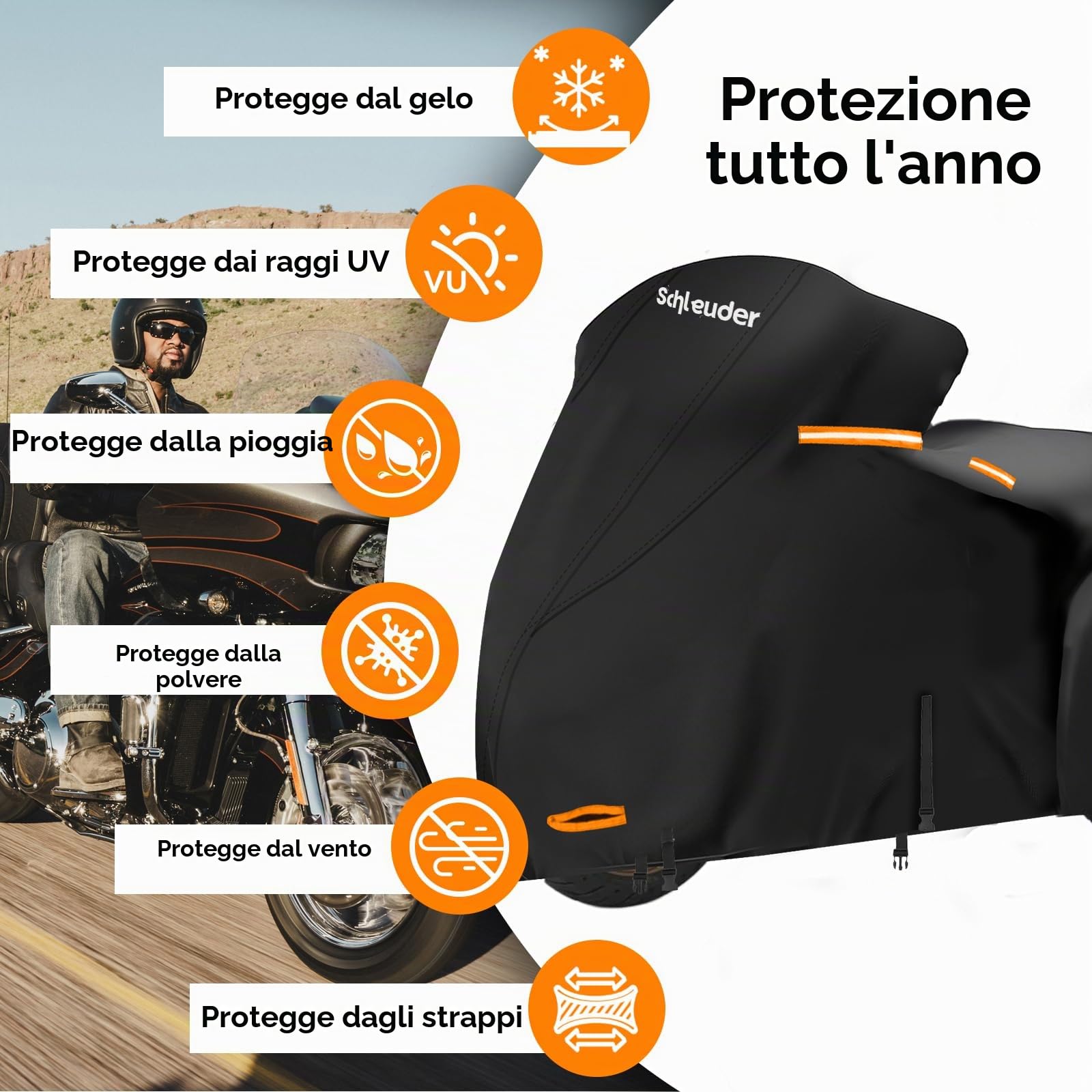 Telo per Harley Davidson - Telo per Harley Tutte le Stagioni con Cinghie Antivento e Strisce Riflettenti, Telo Moto per Harley Davidson da esterno, Telo Copri Moto per Harley Touring 274x111x142 CM.