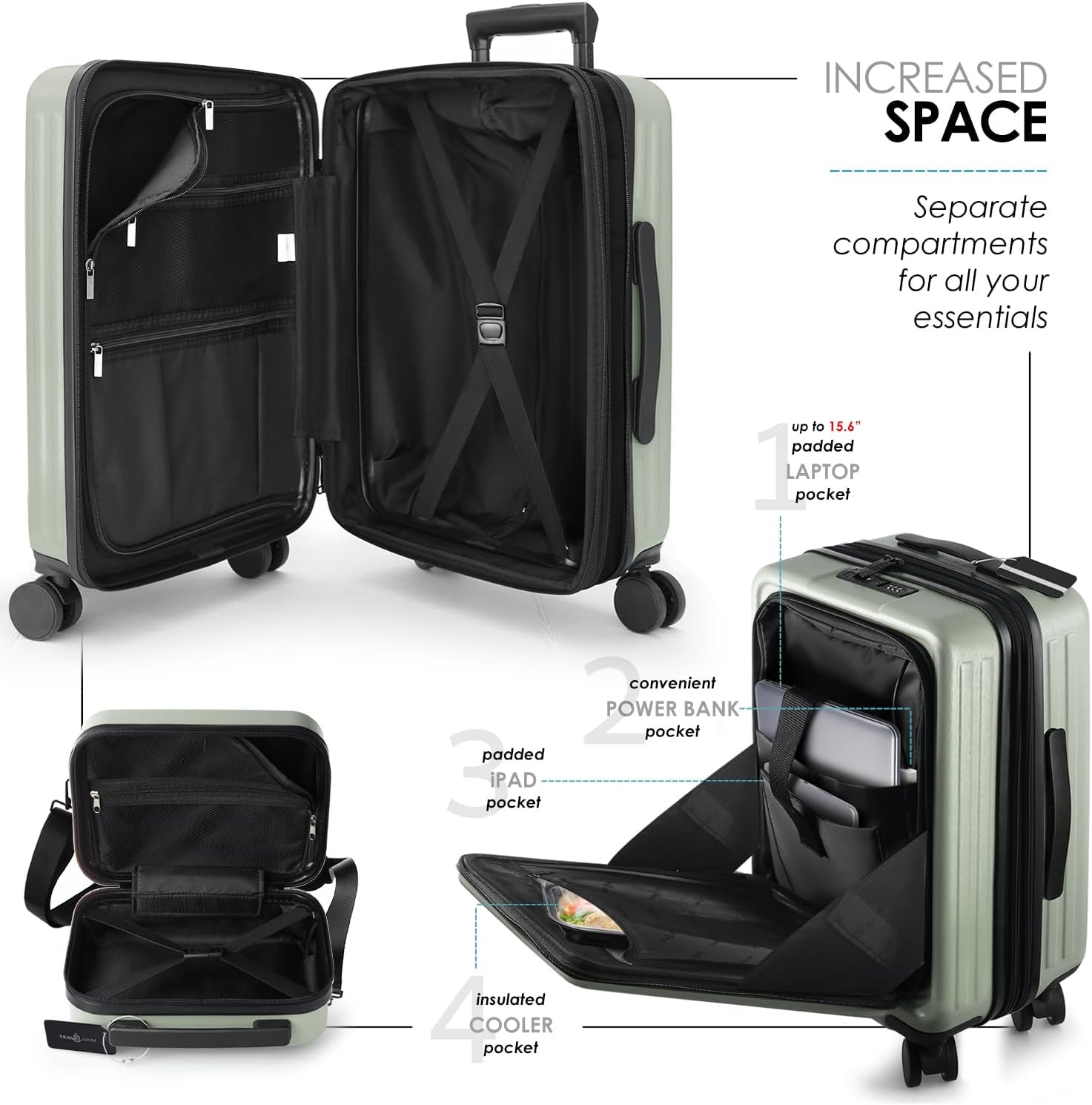 20 Inch Carry On Luggage 22x14x9 Airline Approved, Carry On Suitcase with Wheels, Hard-shell Carry-on Luggage, Durable Luggage Carry-On, Sage Green Small Suitcase with Cosmetic Case - Image 4