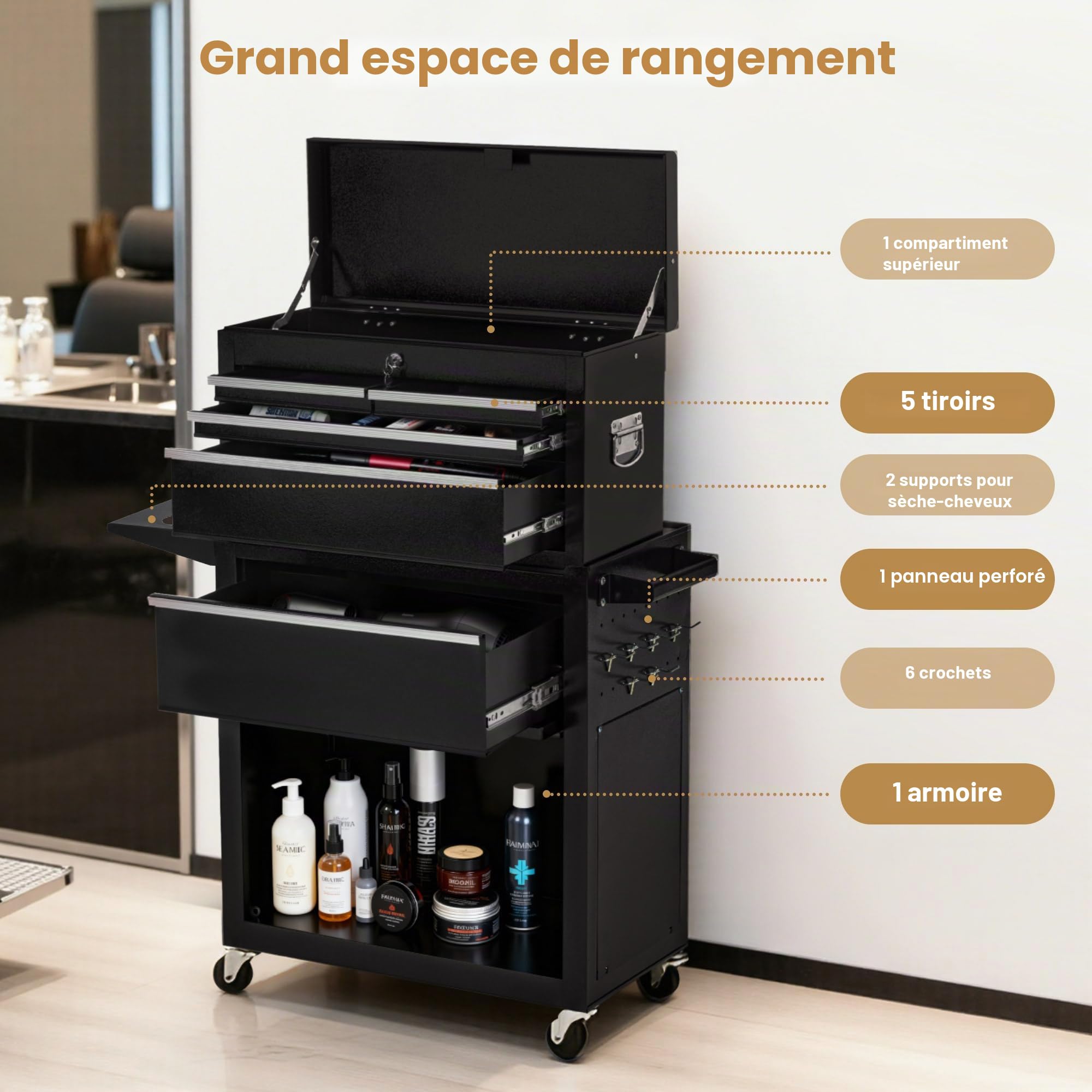 Chariot de Coiffure BarberPub 2 en 1 avec 5 tiroirs et Une Armoire, Chariot de Service avec 2 Supports pour sèche-Cheveux, Chariot de Travail de Coiffure verrouillable, 0097 (Noir-Argent)