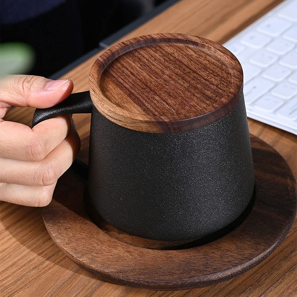 Wasserbecher, Keramik-Kaffeetasse, einfache verdickte Keramik, kreative Tasse mit Deckel, Büro-Teetasse, Wasserbecher, 400 ml, isolierter Becher (C)