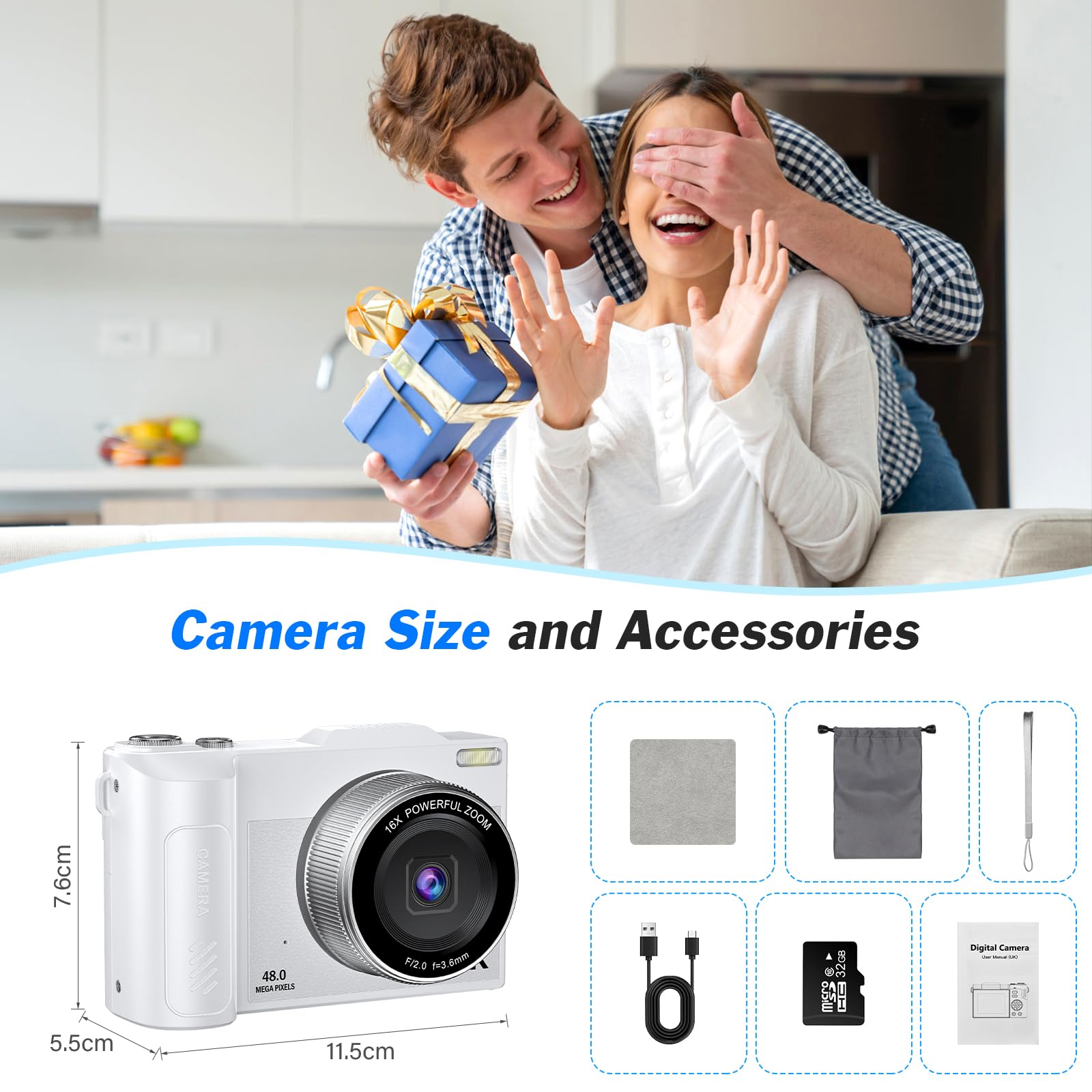4K Macchina Fotografica 48MP Autofocus Fotocamera Digitale Compatta 2.8'' Schermo Flip 180° con Zoom 16X Vlogging Camera con 32G Scheda per Adolescenti Principianti Adulti (Nero) (Bianco)