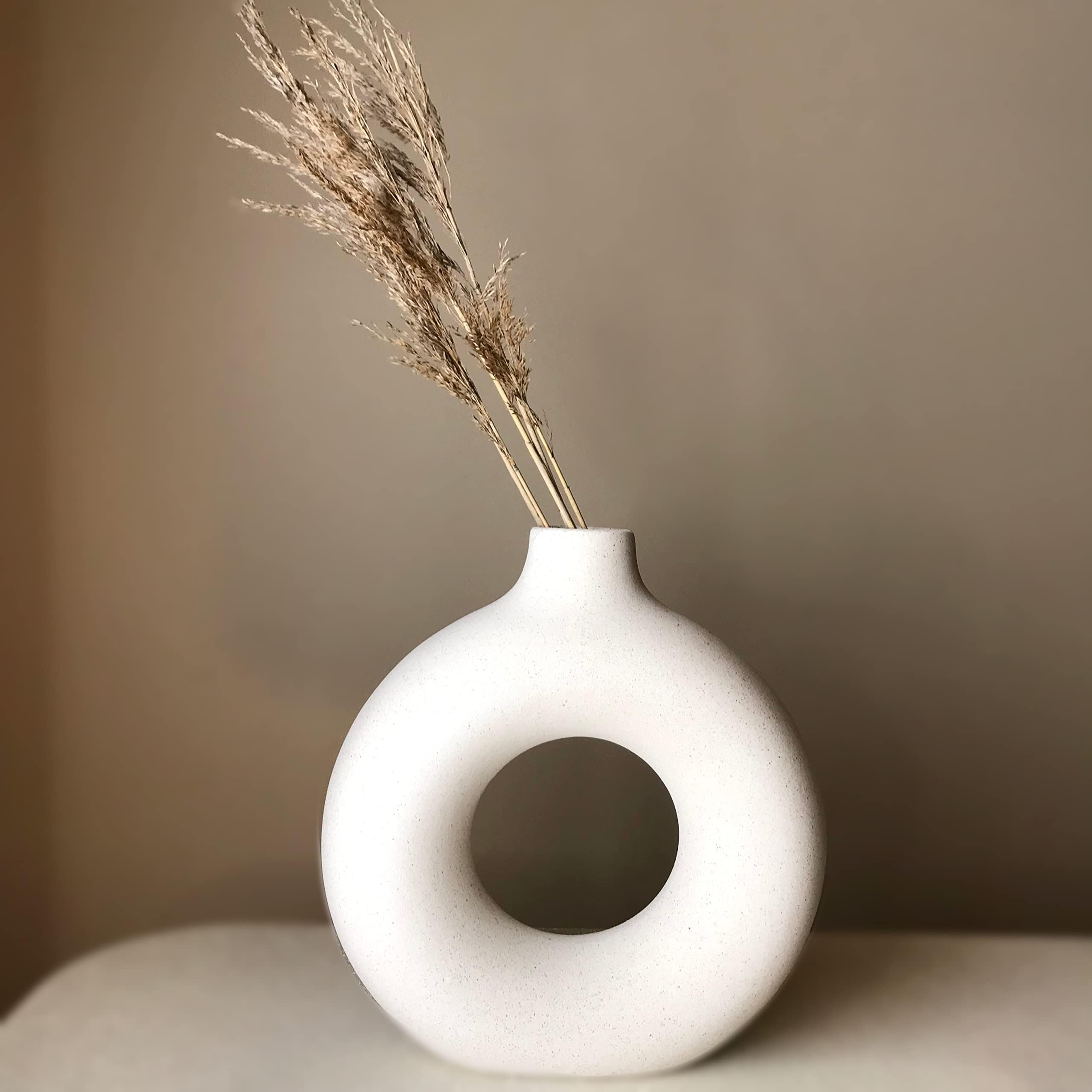 White Ceramic Circle Vase for Dried Flowers Pampas Grass, Minimalist Modern Home Decor | Beautiful Decoration Living Room, Bedroom, Kitchen, & Office (BBC-906)