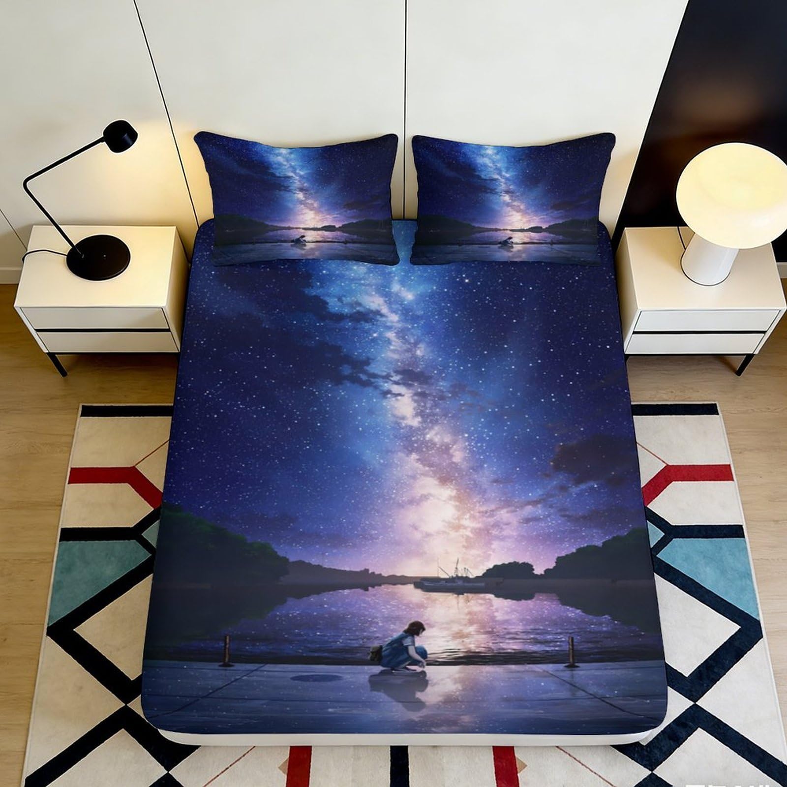 3D Printed Starry Sky Fitted Sheet Microfiber Soft Comfortable Cosmic Nebula Bed Cover for Bedroom Dormitory Guest Room Mattress Protection 200x200x25cm