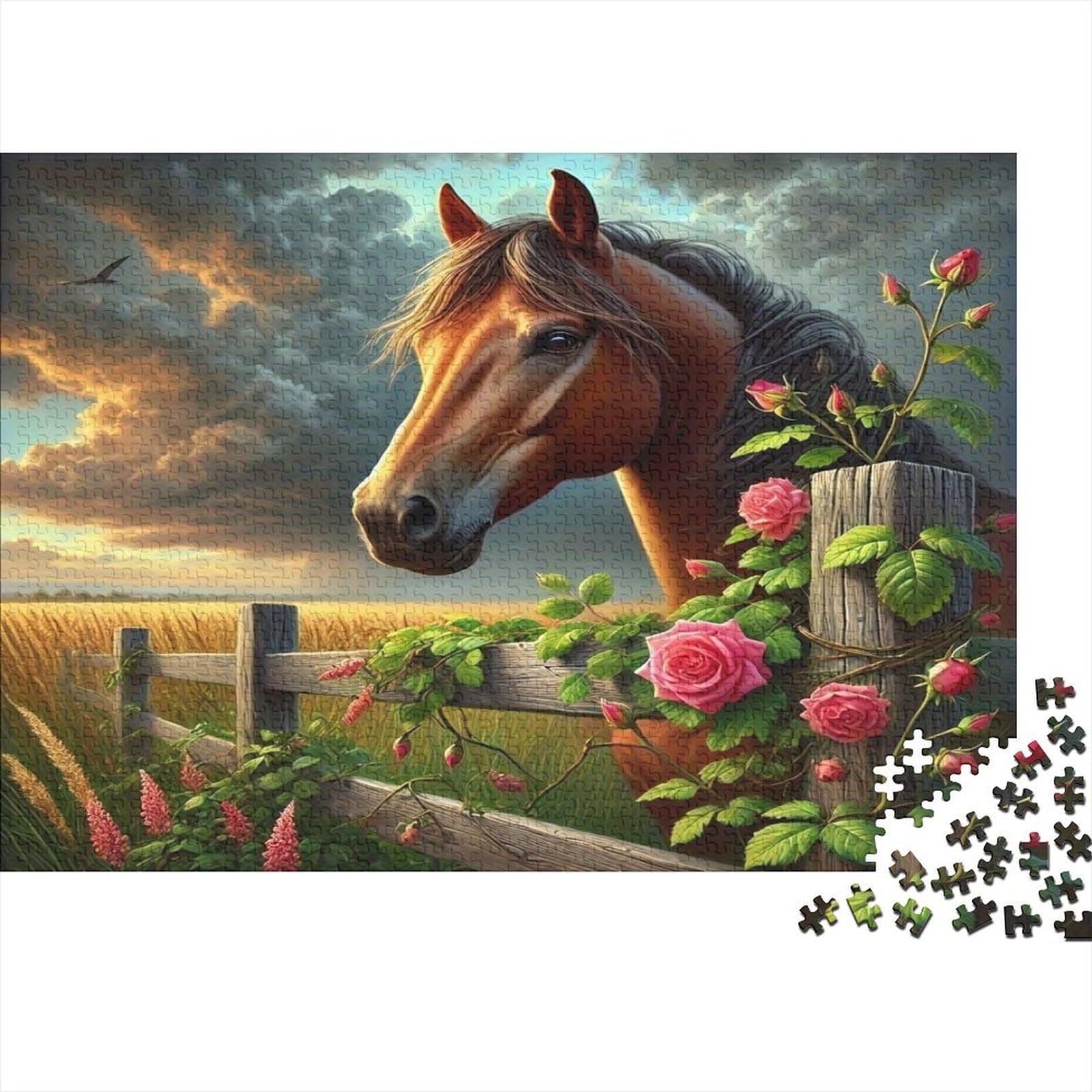 Horse in Rose Garden Eco-Friendly Material Puzzle Horse Head Jigsaw Challenging Stress Relief Premium Colourful for Adults Challenging Puzzle Games 52x38cm/1000pcs — image 1
