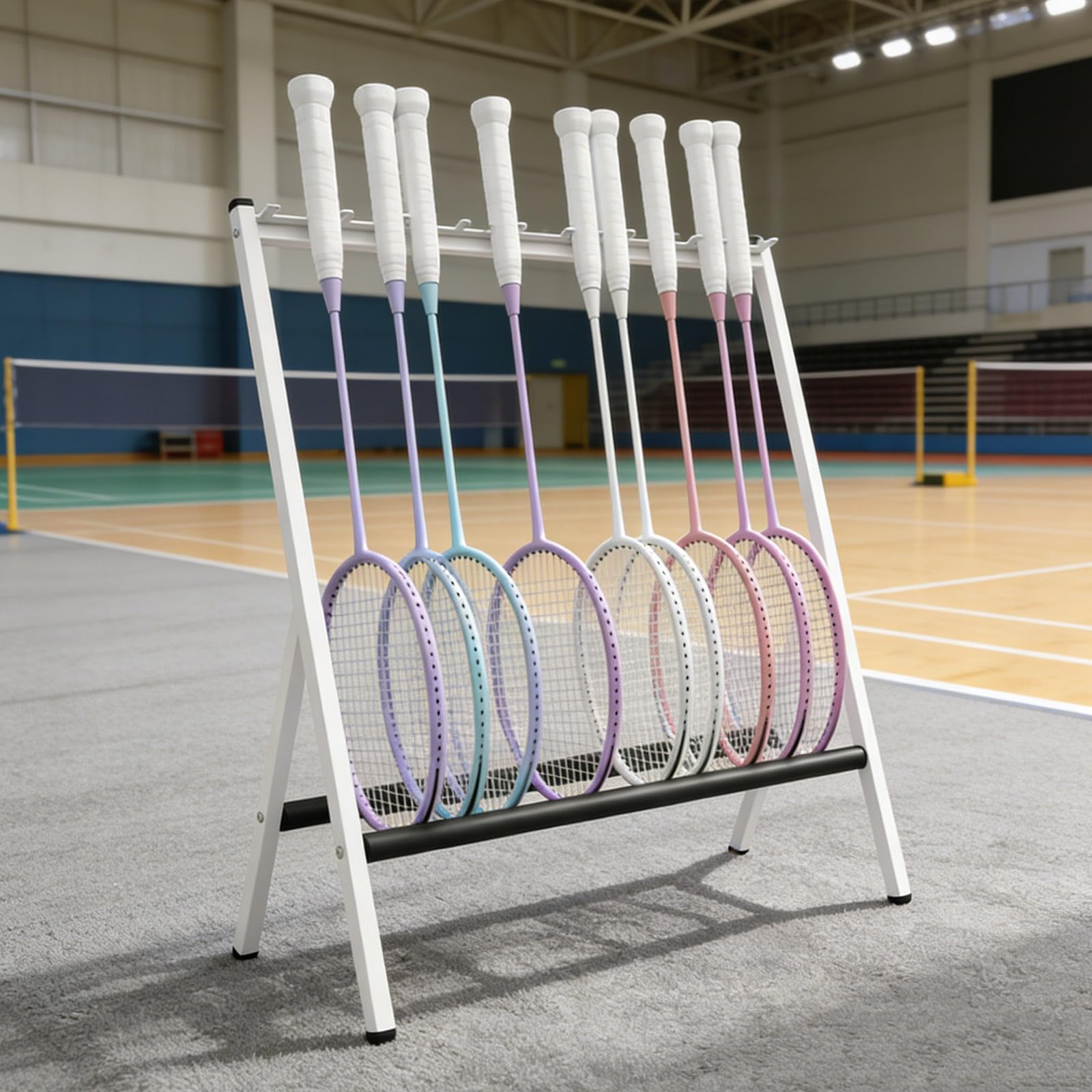 Stojak na Rakietę Wolnostojący 18 Szt, Odporny na Rdzę Metal z Ochroną Gąbkową, Stojak na Rakiety Tenisowe Badminton Squash do Domowej Siłowni