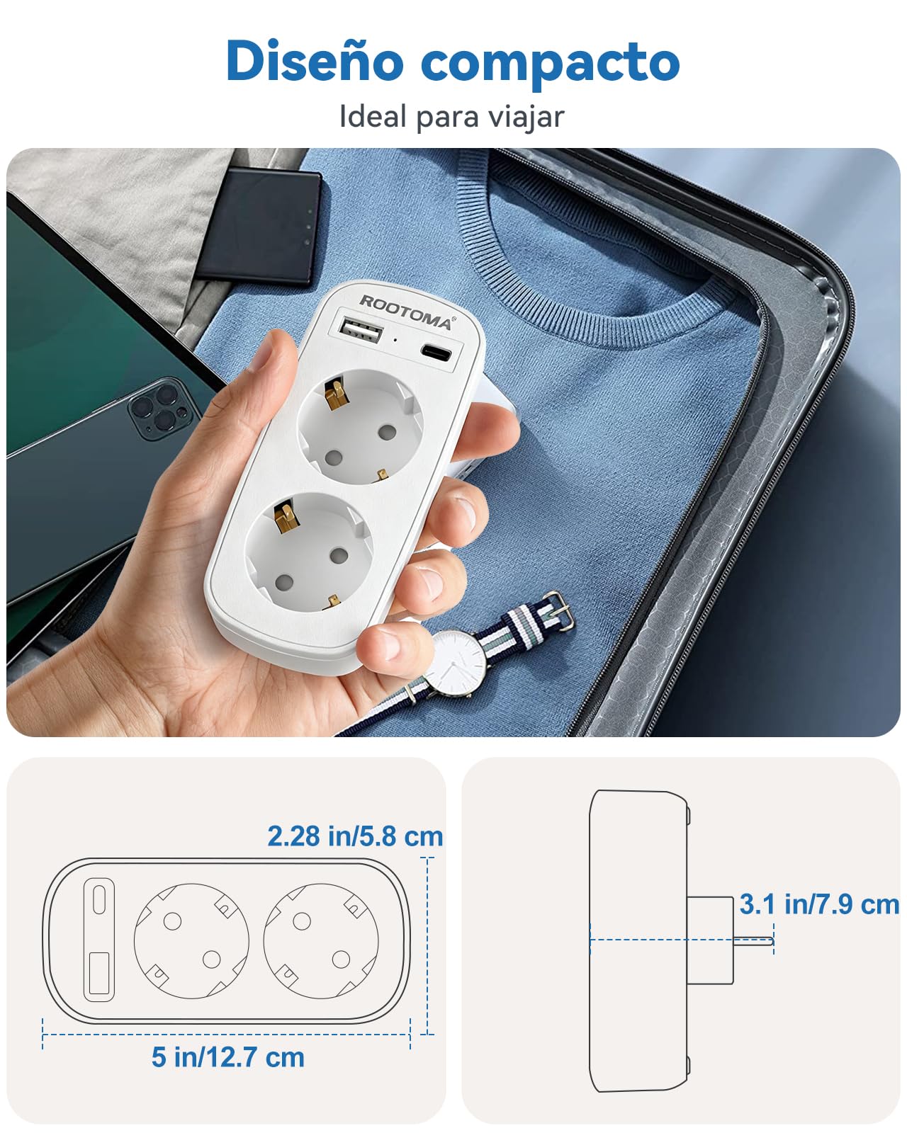 Ladrón Enchufes 4 en 1 con USB-A y USB-C, Enchufe Doble para Pared, Compacto para Familia, Cocina y Oficina, Blanco, 4000W/16A — view 5