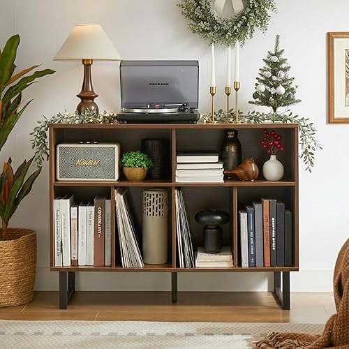 Soporte grande para tocadiscos con gabinete de almacenamiento de vinilo, mesa consola giratoria moderna de mediados de siglo, madera de nogal negro,