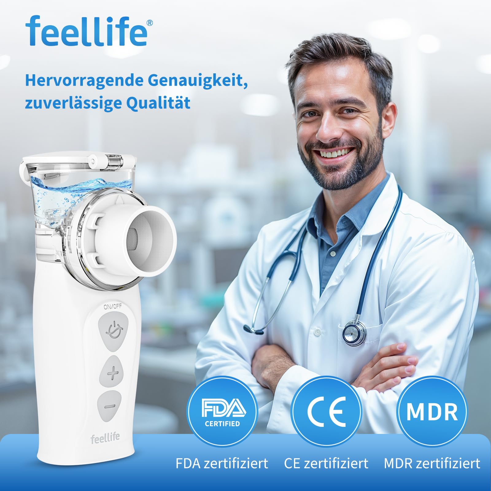 FEELLIFE Inhalationsgerät Tragbar, Leise Inhaliergeräte für Erwachsene Kinder, Aufladbarer Baby Inhalator, 3µm Partikelgröße Einstellbarer Sprühnebel Vernebler Inhaliergerät (Weiß)