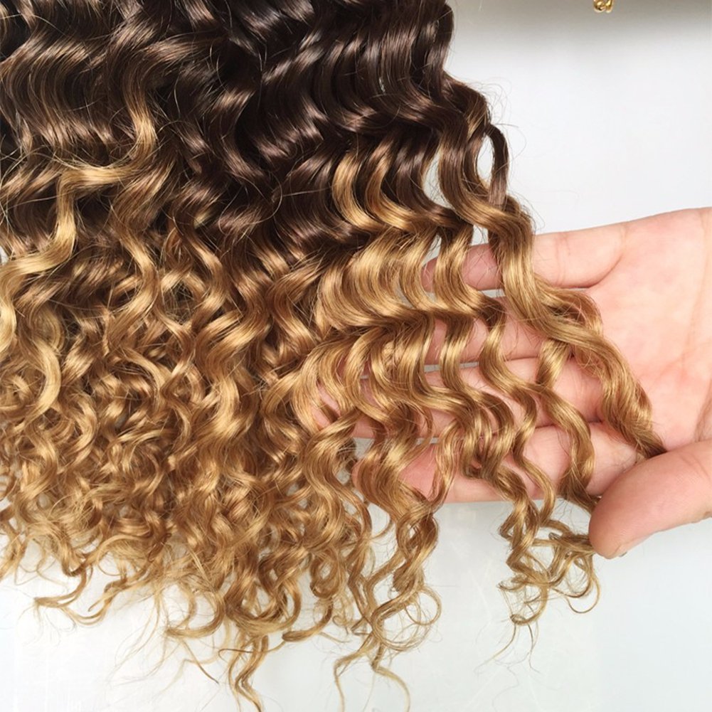 Ruma Hair 1B/4/27 Honey Blonde Ombre Brazilian Deep Wave Human Hair 3 Bundles Lot Three Tone Brown Blonde Ombre Wavy Virgin Hair Weave Weft Extensions (22 24 26)