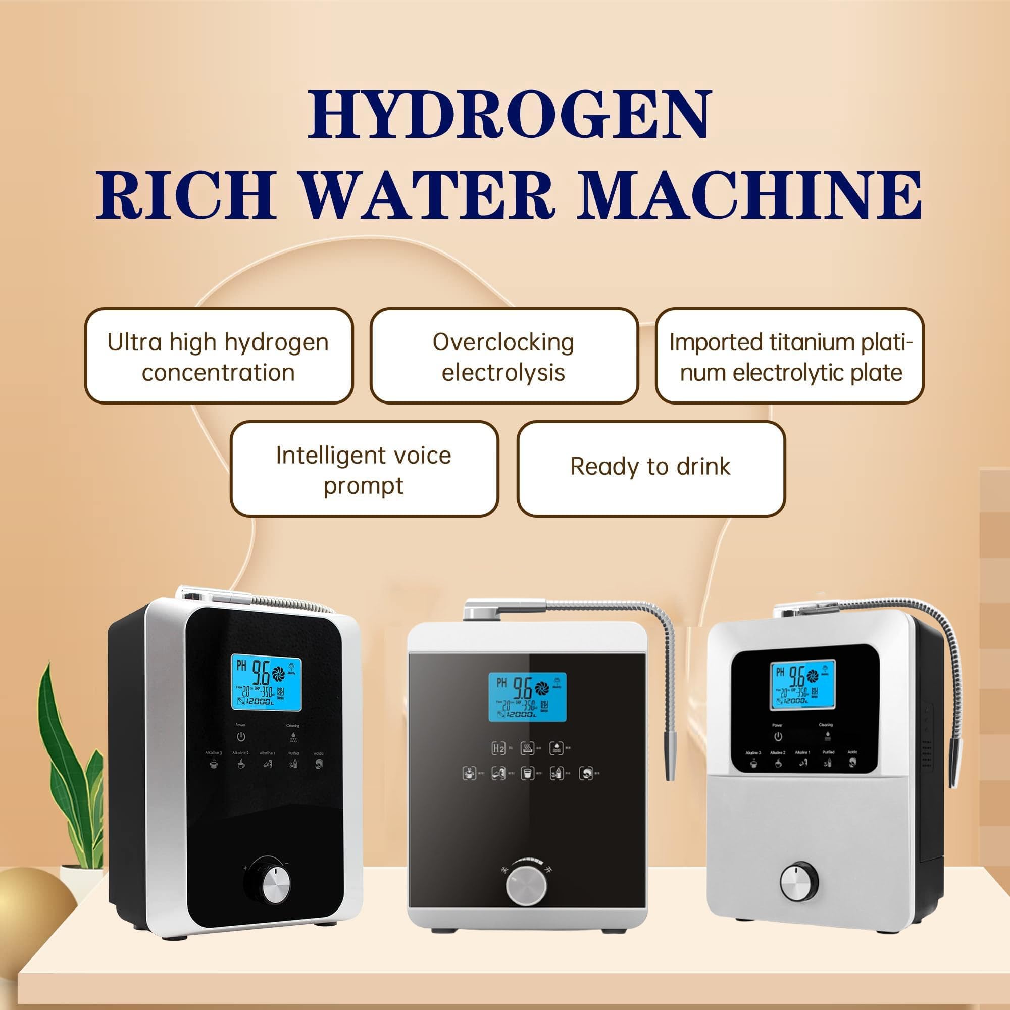 Generador de agua con hidrógeno de 2000 W, máquina ionizadora de agua, pH 3-11, ORP de 500 mV-800 mV, limpieza automática, filtro de agua con pantalla táctil LCD,Black-B
