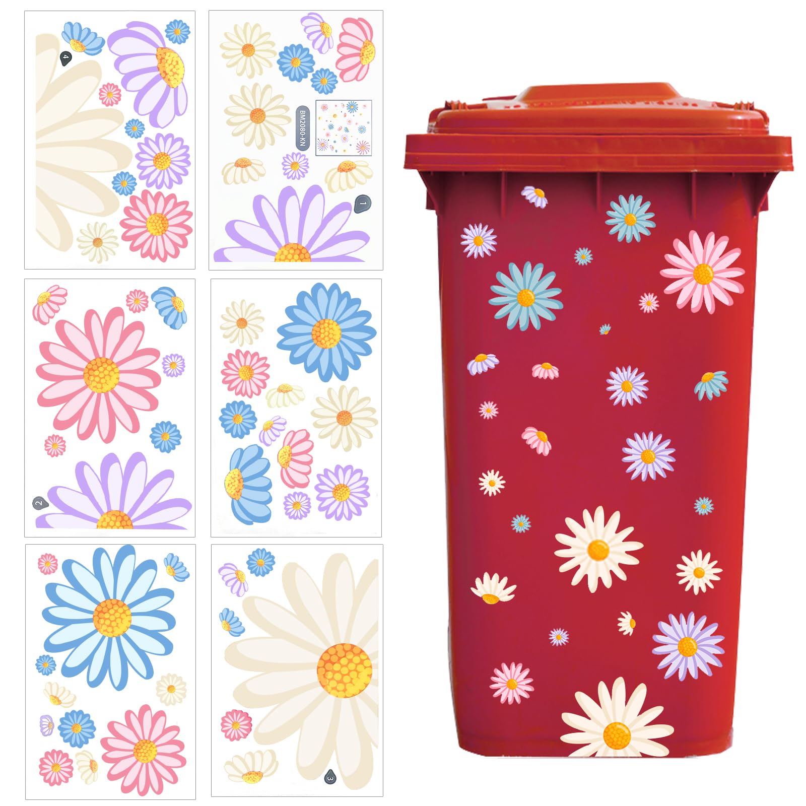 Wheelie Bin Stickers Flowers, 6 Sheets Flower Bin Sticker for Wheelie Bin Daisy Dustbin Sticker Self Adhesive Wheelie Bin Labels Waterproof Daisy Stickers for Bins, Fridge, Wall Decoration(6)