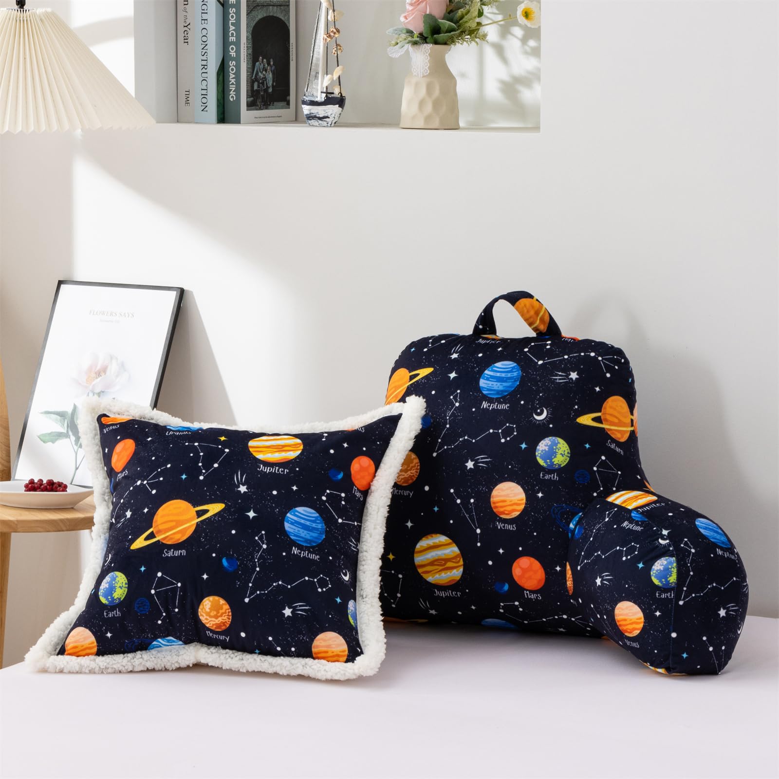 Holawakaka Reading Pillow with Arms,Galaxy Space Print Plush Bed Rest Pillows for Kids Teens Petites Sitting in Bed, Sofa, Chair, Lounge, Back Cushion with Decorative Pillowcase
