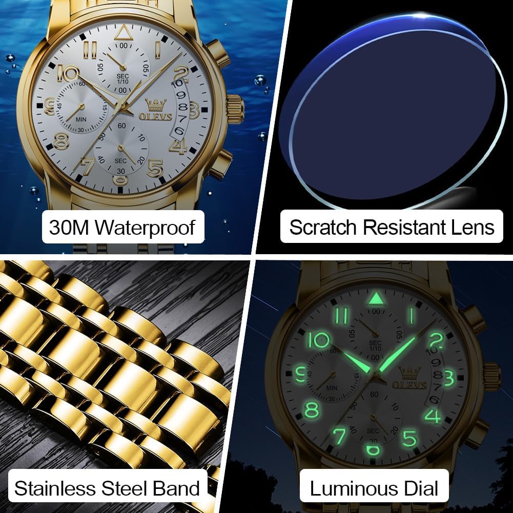 OLEVS Men's Stainless Steel Chronograph Watch, Large Face Multifunction Analog Quartz Dress Watches, Easy to Read Luminous Hands Waterproof Calendar Date Mens Wrist Watch - Image 4