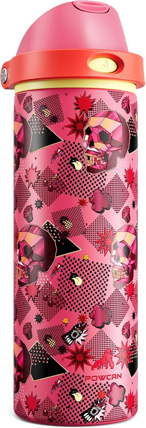 POWCAN 24 oz Insulated Skull Water Bottle: 2-in-1 Lid with Push-Button Spout & Quick-Flip Straw, Leakproof, Car Cupholder Friendly, Stainless Steel for Gym, Travel, Camping (Candy Vandal)