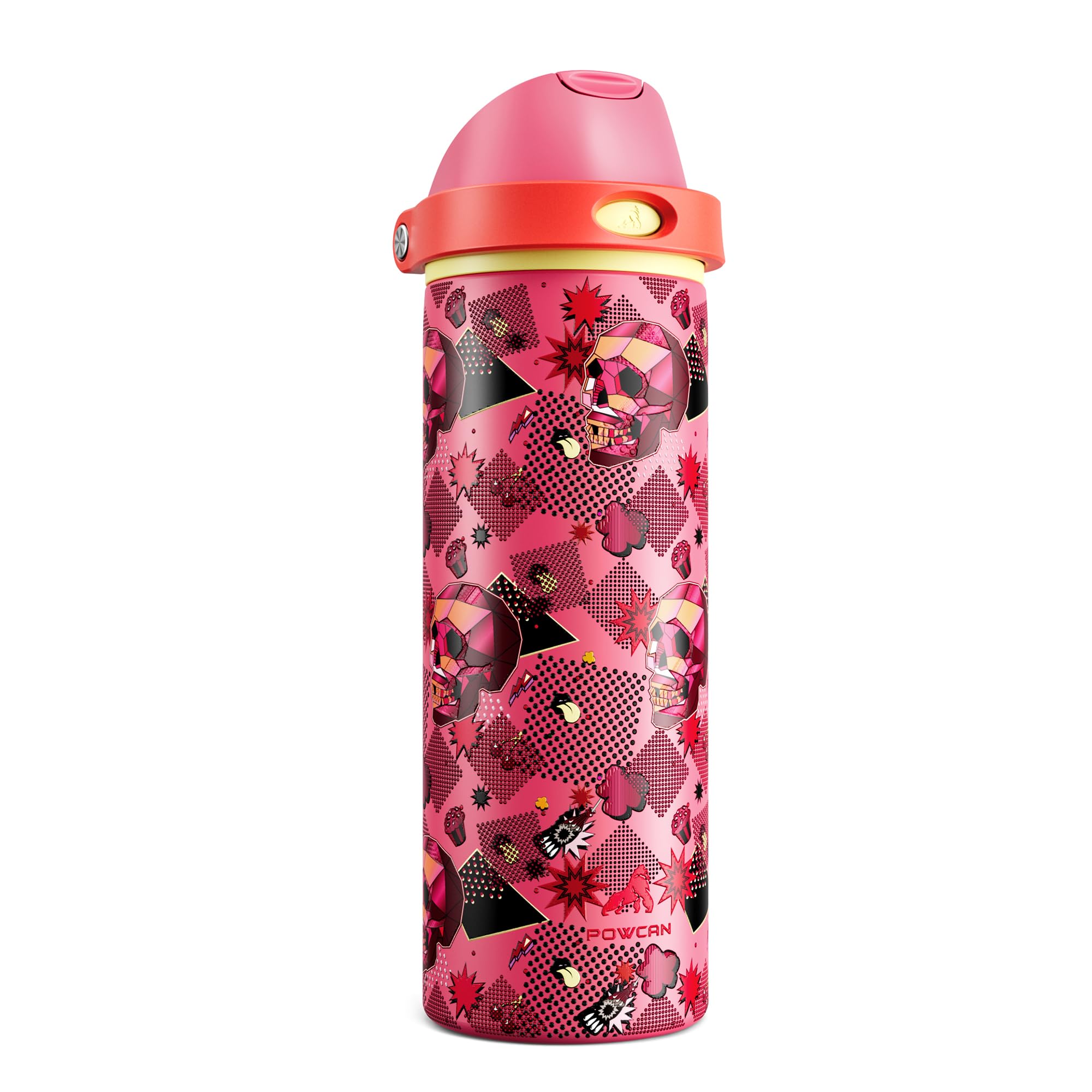 POWCAN 24 oz Insulated Skull Water Bottle: 2-in-1 Lid with Push-Button Spout &amp; Quick-Flip Straw, Leakproof, Car Cupholder Friendly, Stainless Steel for Gym, Travel, Camping (Candy Vandal)