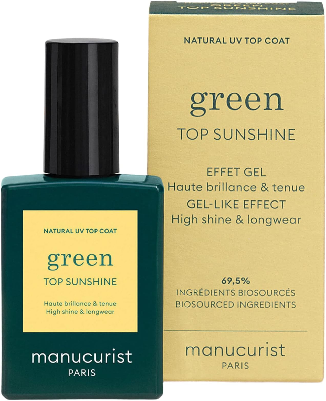 MANUCURIST • Green Sunshine Top Coat • Vegan Top Coat • 12-Free • Plant-Based Ingredients (69%) • Made in France • 15 ml