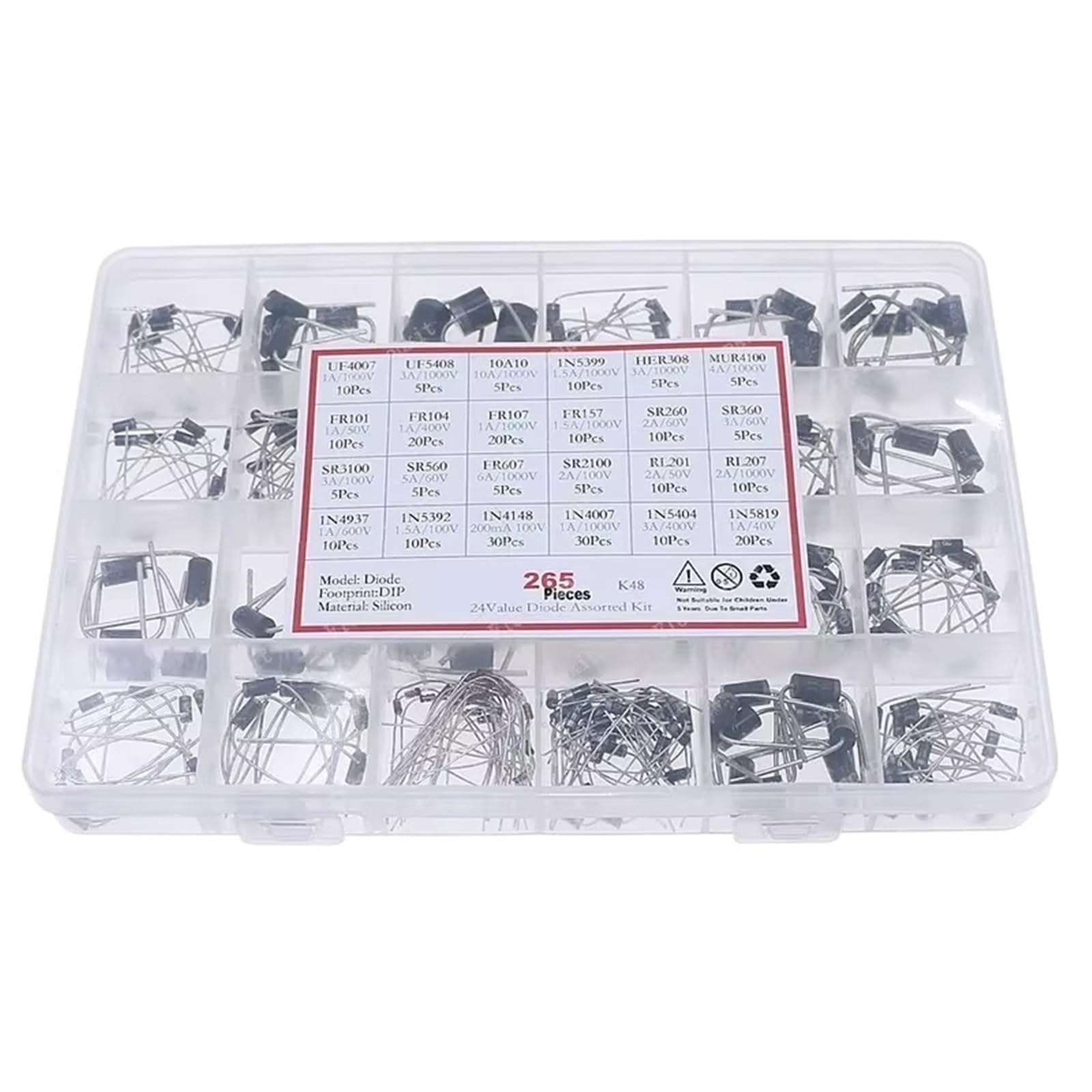 Kit Mix Di Diodi Schottky A Commutazione Rapida Da 265 Pezzi 1N4007 UF5408 UF4007 1N5399 HER308 MUR4100 1N4148 RL207 SR3100 FR607 1N5819 1N5404