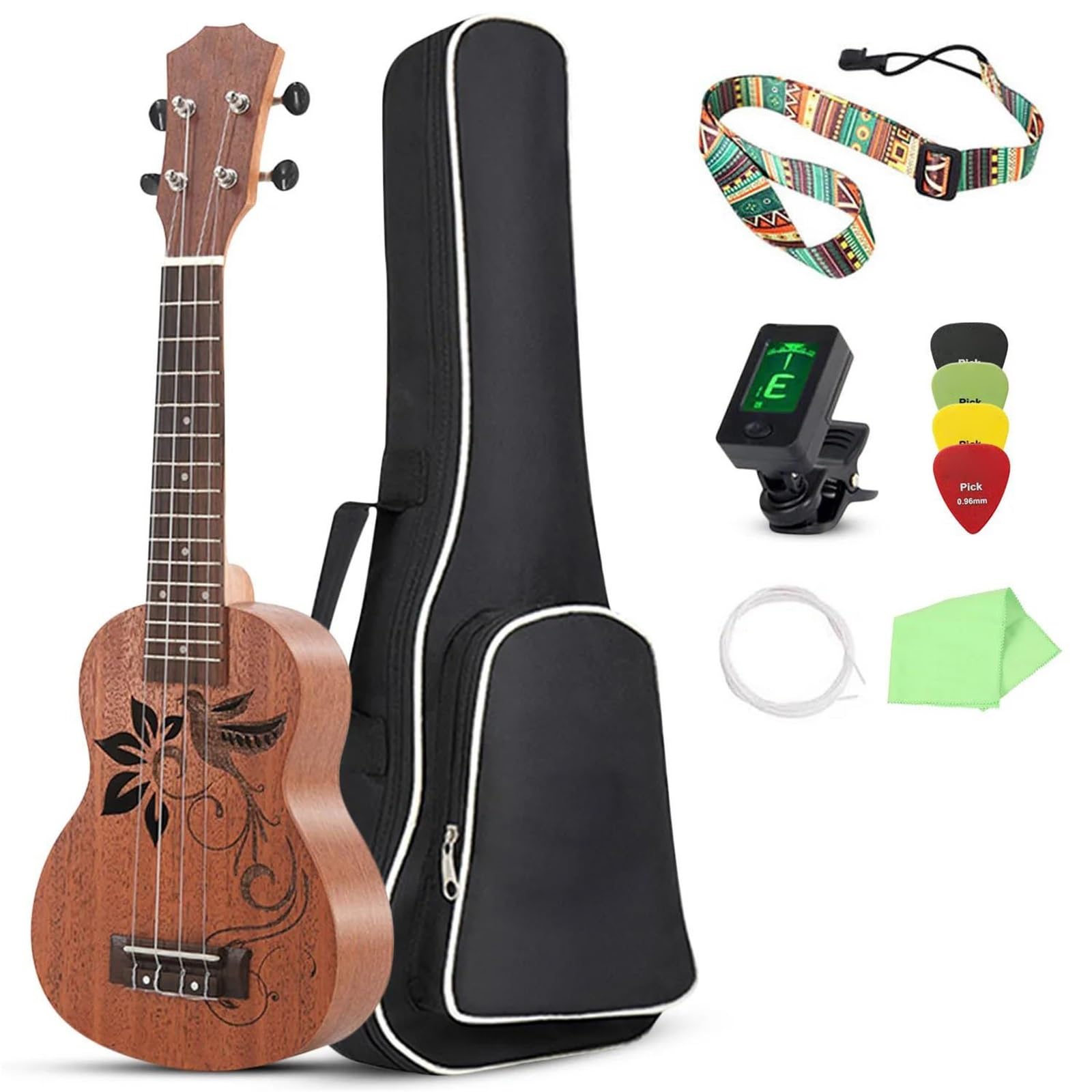Ukulele Zestaw 21 Calowego Ukulele Sopranowego Sapele Small Z Paskiem Na Futerał Kostkami Do Strojenia I Strunami Nylonowymi(Type1)