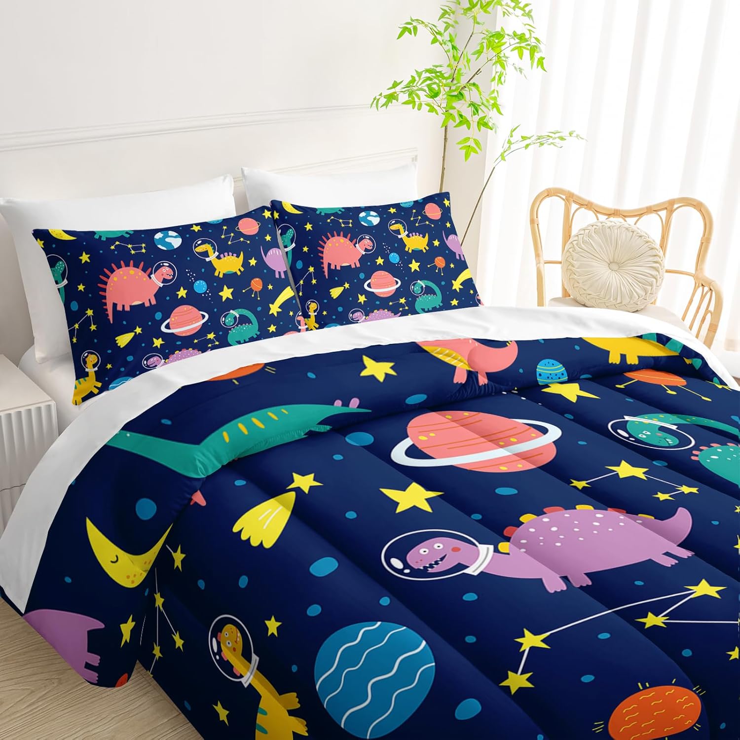 QOOMO 7 Pieces Cartoon Space Dinosaur Kids Comforter Set Queen Size Cute Dino Printed Bedding Set for Boys Girls Bedroom Decor Colorful Dinosaur Bed in a Bag with Comforter, Sheets and Pillowcases