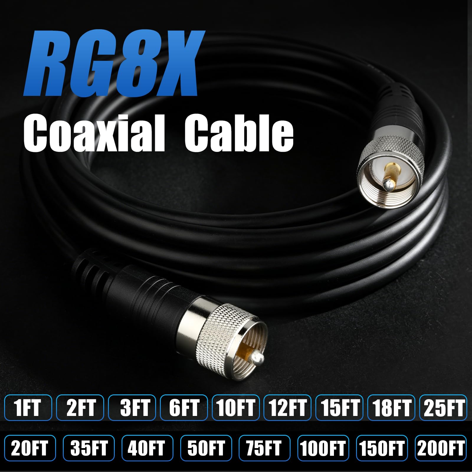Cable coaxial RG8x de 100 pies, cable coaxial CB, RFAdapter UHF PL259 macho a macho de baja pérdida CB, 50 Ohm para radio HAM, analizador de antena, carga ficticia, medidor SWR