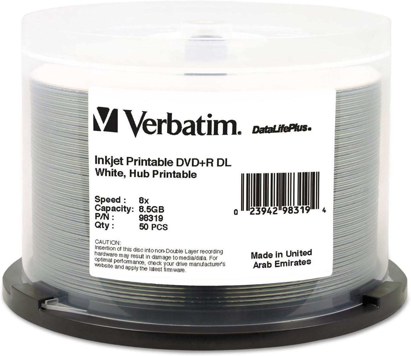 Verbatim DVD+R DL 8.5GB 8X DataLifePlus White Inkjet Printable, Hub Printable - 50pk Spindle