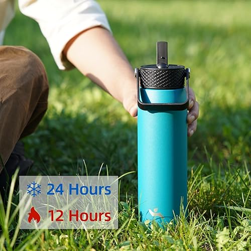 Miniatura 2 de Botella de agua aislada de acero inoxidable de 25 onzas con popote y 3 tapas, botella de agua deportiva sin BPA, botella de agua de viaje, azul lago