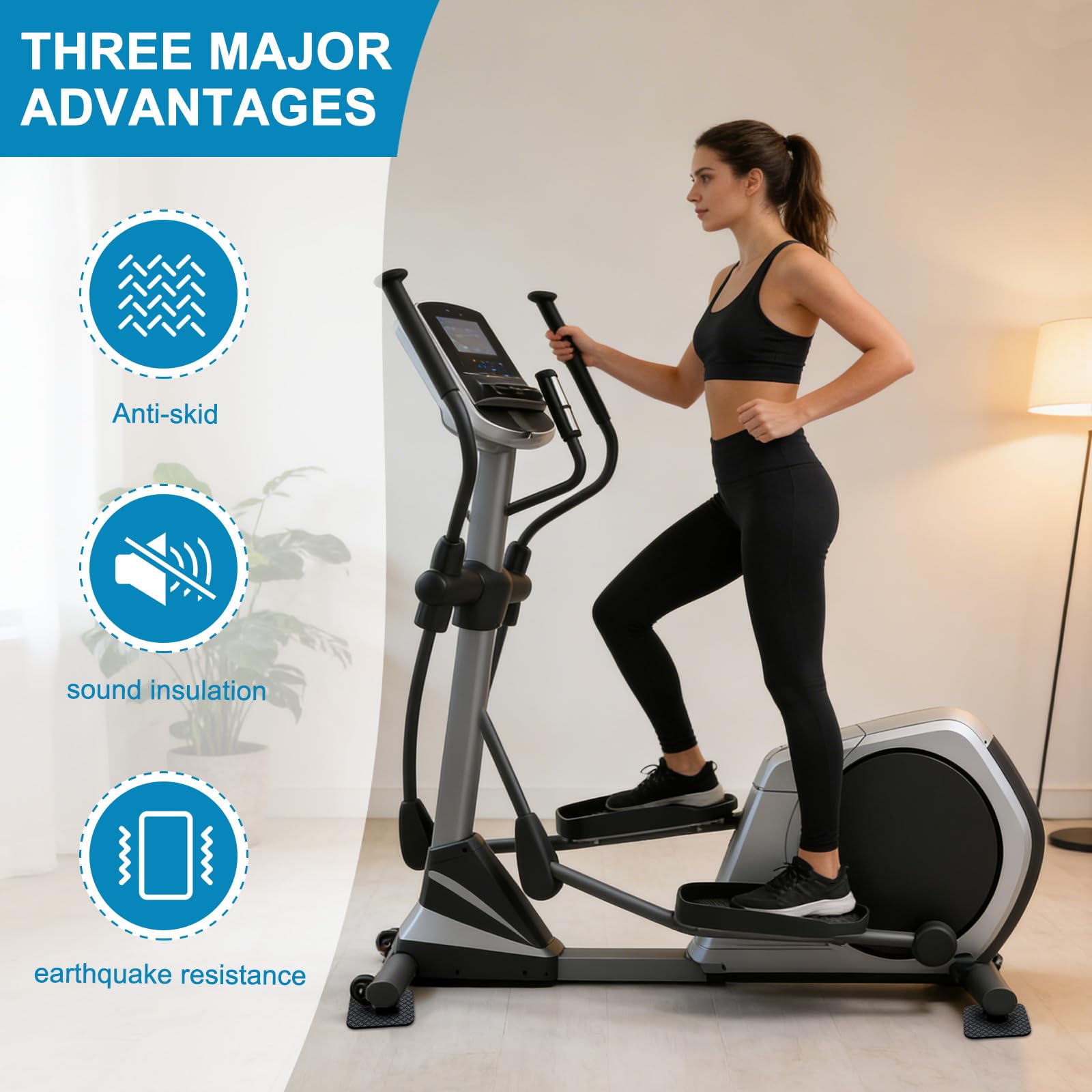 Pack de 6 Almohadillas para Cinta de Correr Antideslizante Doble Cara, 10x10x0,5cm Alfombra de Goma para Exteriores, Cojín Antivibración de PU para Bicicleta Estática, Fitness y Lavadora, Negro