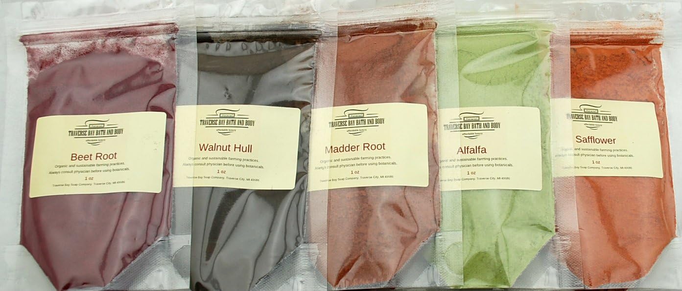Natural Colorants Sampler - 5oz - for Soap Making and Cosmetics. Beet Root, Black Walnut Hull, Madder Root, Alfalfa, Safflower. Soap Supplies.