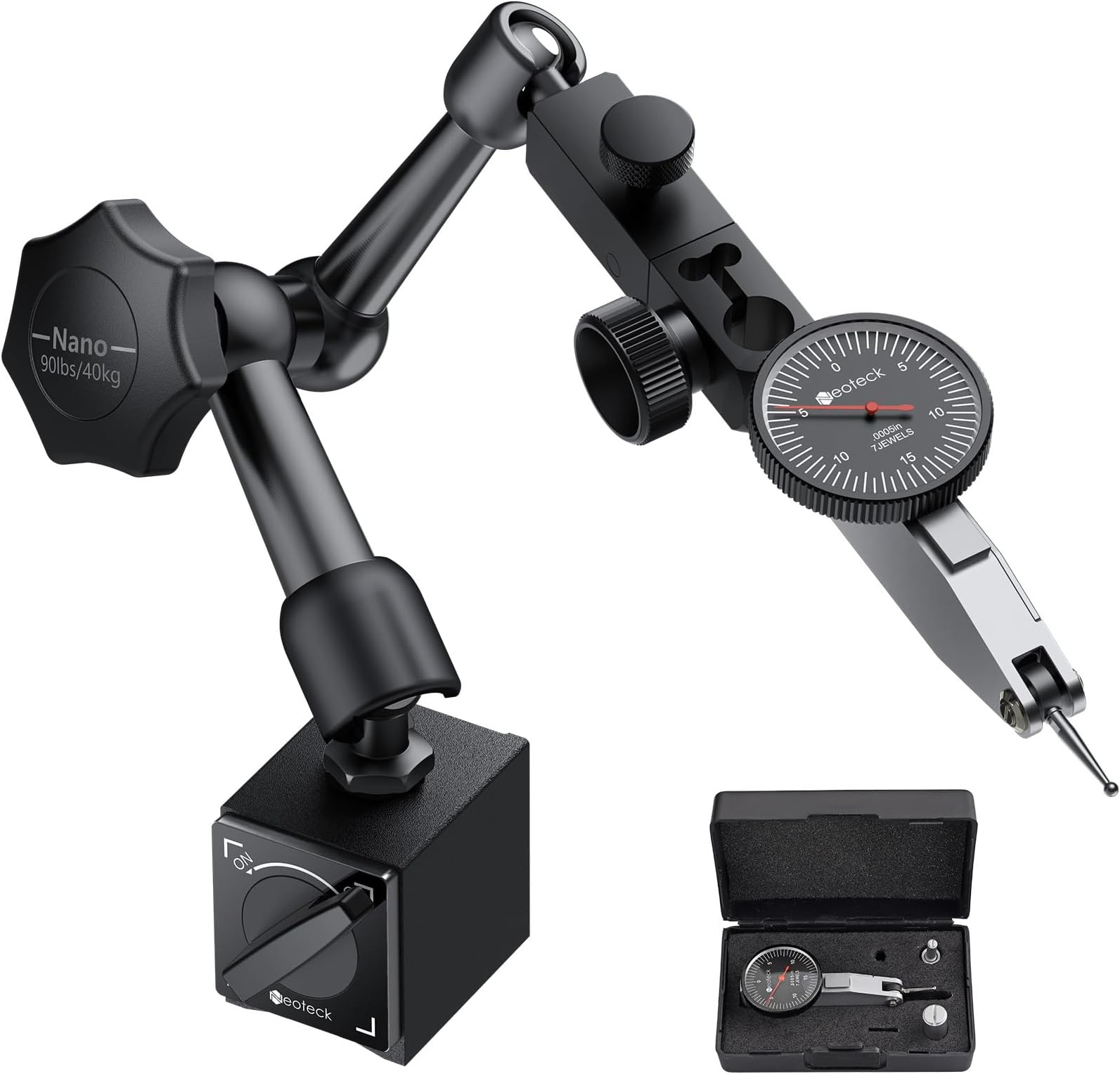 Neoteck Dial Test Indicator with Magnetic Base Stand and Storage Case, 0-0.03"/0.0005" Test Indicator Set with 2 Steel Dovetail Clamps 3/8'' and 5/32'' for Machine Set-Up-Black