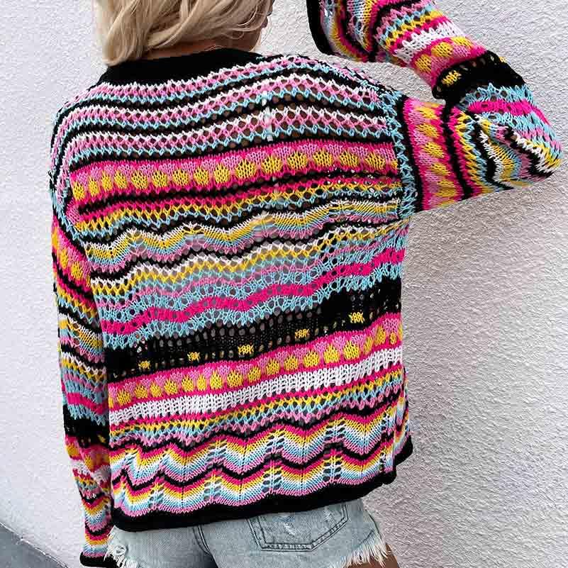 Image of Autumn and Winter Rainbow Striped Sweater Loose Knit Sweater Women's Sweater Cardigan
